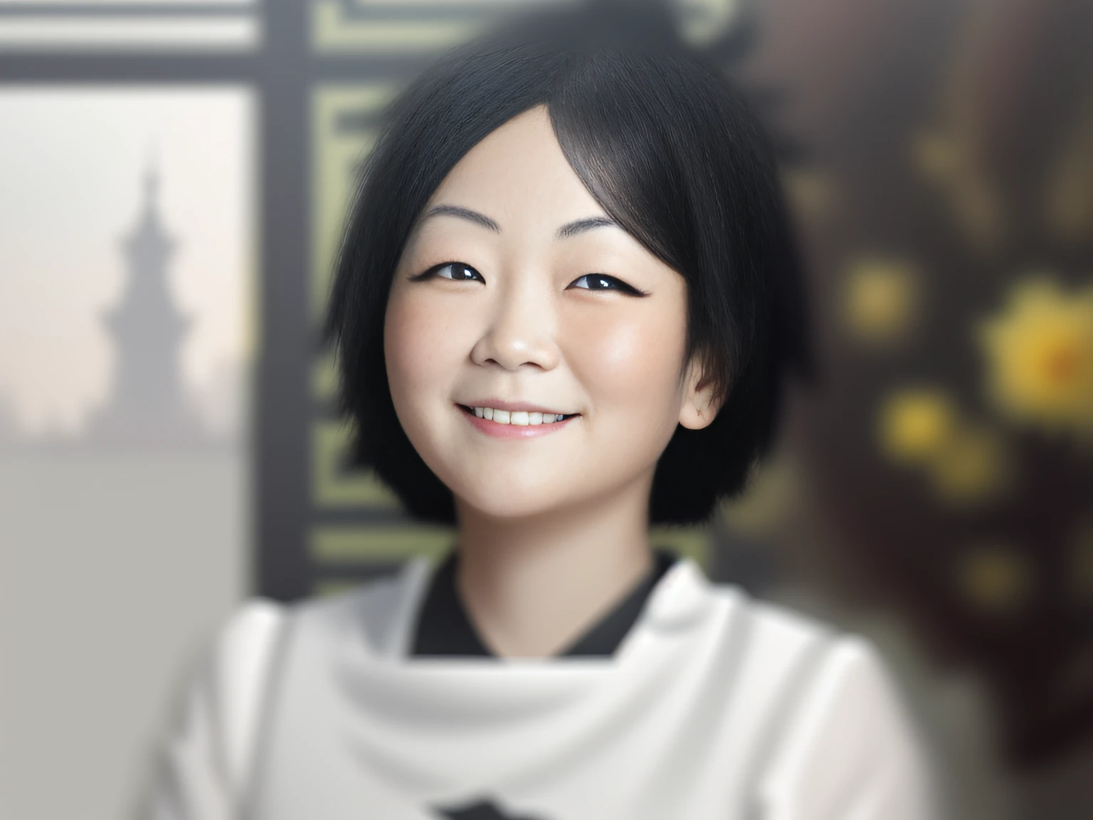 A Chinese woman with short black hair, Smiling,A little fat,Wear elegant white clothes, Has a detailed outline and a white background, Intricate details, low tune,