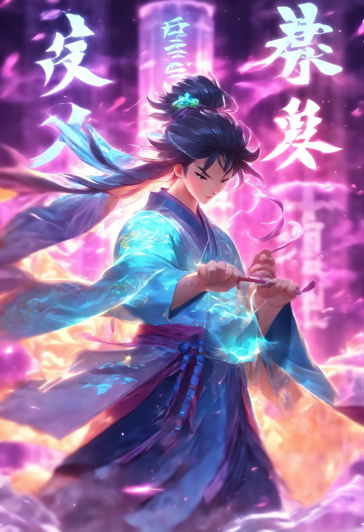 1boys,(((Solo)))，Young scholars of ancient China，(Hold the transparent illuminated scroll:1.5)，(Transparent glowing kanji hovering in midair:2)，（Transparent kanji background：1.5），Vertical text，glittery，Scholar in blue robes，Long flowing hair flutters in the wind，16k, hyper HD, high resolution, Very detailed, Best image quality,dynamicposes，(20 columns of Chinese characters:2)，arranged in an orderly fashion