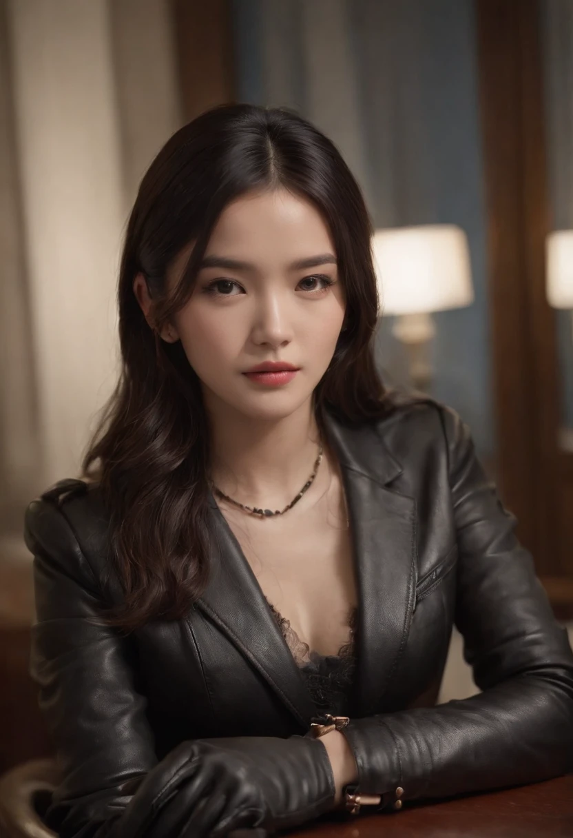 Wearing black leather gloves up to the fingertips and covering the upper body, black leather double rider jacket, slender necklace, a young and cute Japanese girl with beautiful black hair, sitting on a black leather chair facing the desk in the president's room at night, aligning both hands on the desk