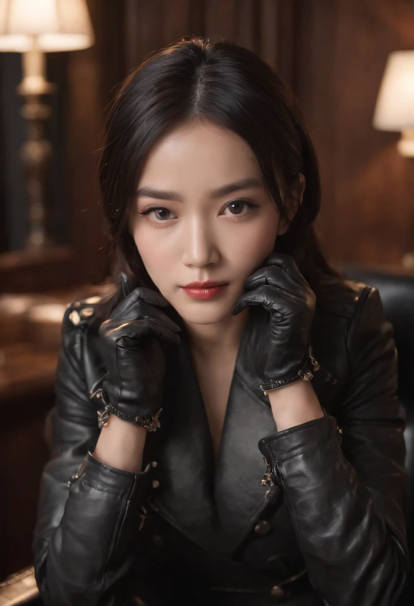 Wearing black leather gloves up to the fingertips and covering the upper body, black leather double rider jacket, slender necklace, a young and cute Japanese girl with beautiful black hair, sitting on a black leather chair facing the desk in the president's room at night, aligning both hands on the desk