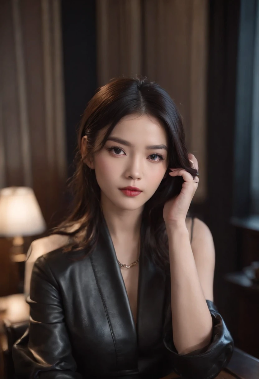 Wearing black leather gloves up to the fingertips and covering the upper body, black leather double rider jacket, slender necklace, a young and cute Japanese girl with beautiful black hair, sitting on a black leather chair facing the desk in the president's room at night, aligning both hands on the desk