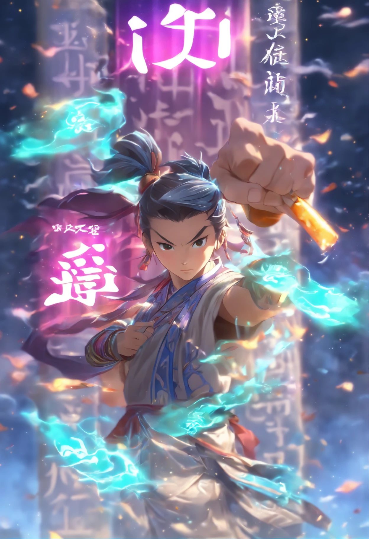 1boys,(((Solo))),Young scholars of ancient China,(Hold the transparent illuminated scroll:1.5),(Transparent glowing kanji hovering in midair:2),(Transparent kanji background:1.5),Vertical text,glittery,Scholar in blue robes,Long flowing hair flutters in the wind,16k, hyper HD, high resolution, Very detailed, Best image quality,dynamicposes,(20 columns of Chinese characters:2),arranged in an orderly fashion