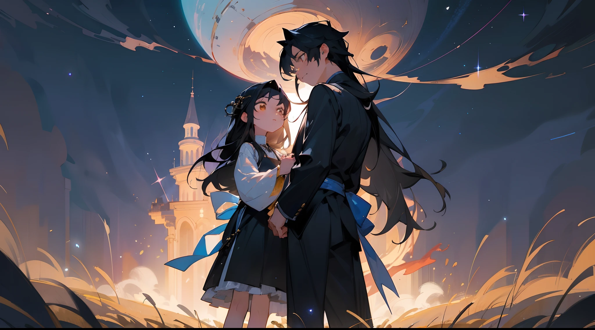 tmasterpiece，Best quality at best，highly details, Ultra-detailed 8K， 超高分辨率，Two people stood side by side on the ground，Faraway view，（Girl with long black hair，long whitr hair，the maid outfit）（Short black hair for boys，Yellow eyes，Deacon attire）kosmos，starlights，starrysky，black hole，Bask in starlight，perfect compositions，deep blue background