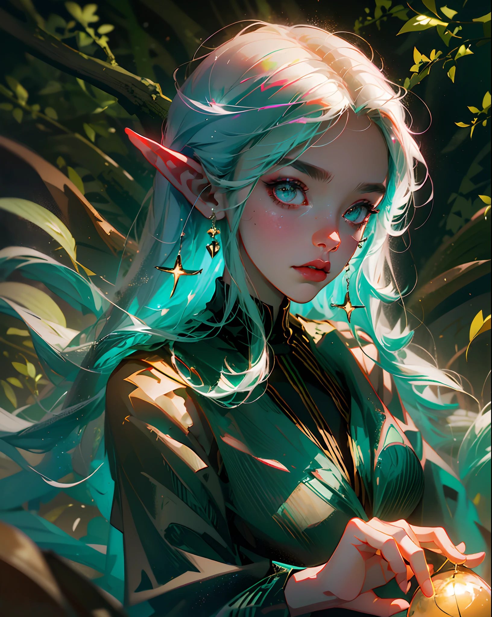 Cinematic lighting, aerial angle, dark fantasy artwork in the style of Guweiz, soft glowing mists and string lights drifting through the dense leaves, a beautiful dark elf maiden in an elegant long dark green dress sits pensively in a hidden jungle grove beneath a full moon, the lush vegetation and towering ancient trees dusted with twinkling magical pollen illuminated by a veil of wispy bioluminescent mists, long silvery hair flowing freely, pointed ears and elegant long fingers wrapped around a softly glowing blue orb, serenely contemplating the night while fairy fireflies flit about in the dark jungle air behind her, --auto --s2