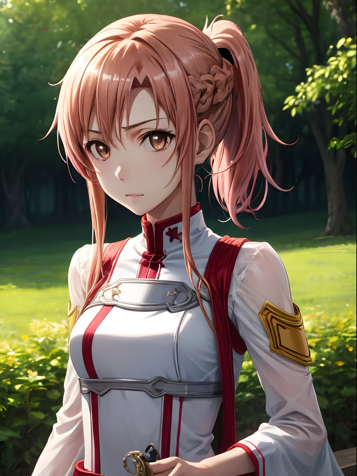 best pictures, masutepiece, ​masterpiece、super precision、Sword in right hand[[rapier:1.10]]、High quality anime girl with brown hair and brown eyes,[[Attractive eyes,A detailed eye、radiant eyes, Colorful eyes:1.15]]、Short ponytail, Pink hair、[[[Yuuki Asuna vs Asuna]]] ,White uniform, 8k picture, best qualtiy，hight resolution、Dress correctly、best pictures, masutepiece, Photorealistic, High resolution, Soft light, Attractive eyes that make you feel sucked in,showoff