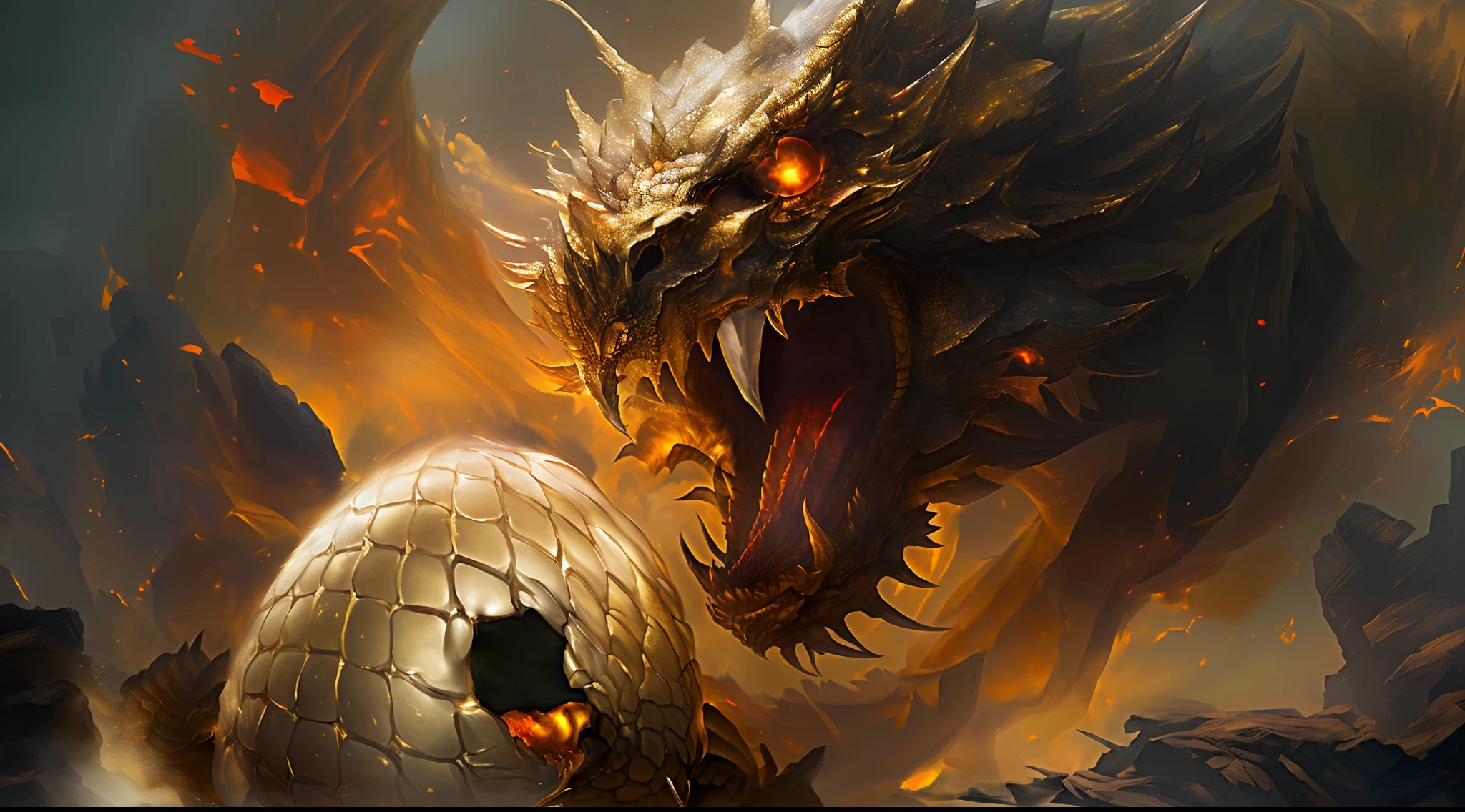 There is a large dragon attacking a golden dragon egg, Surreal fantasy art, wallpaper art