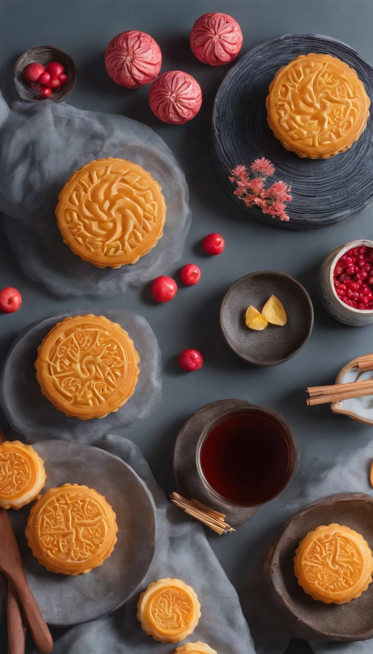 Mid-Autumn Festival, Reunion, Full moon, the night, (Cantonese-style mooncakes), teas, the fruits, edgBunny, Chang'e rushes to the moon, symetry, High detail, romanticism lain, Sparkle, god light, Ray tracing, hyper HD, retinas, Masterpiece, ccurate, Super detail, High details, High quality, Best quality, A high resolution, 16k, Anatomically correct