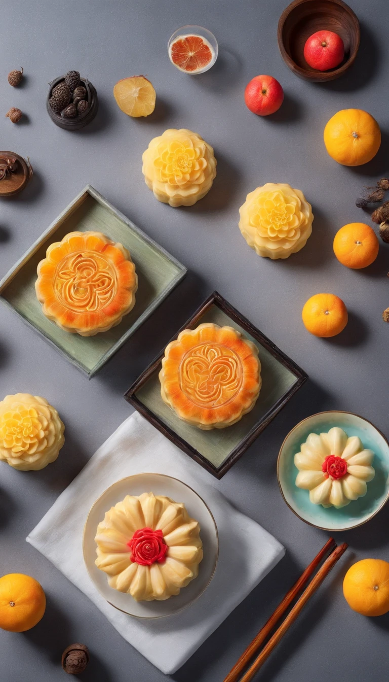 Mid-Autumn Festival, Reunion, Full moon, the night, (Cantonese-style mooncakes), teas, the fruits, edgBunny, Chang'e rushes to the moon, symetry, High detail, romanticism lain, Sparkle, god light, Ray tracing, hyper HD, retinas, Masterpiece, ccurate, Super detail, High details, High quality, Best quality, A high resolution, 16k, Anatomically correct