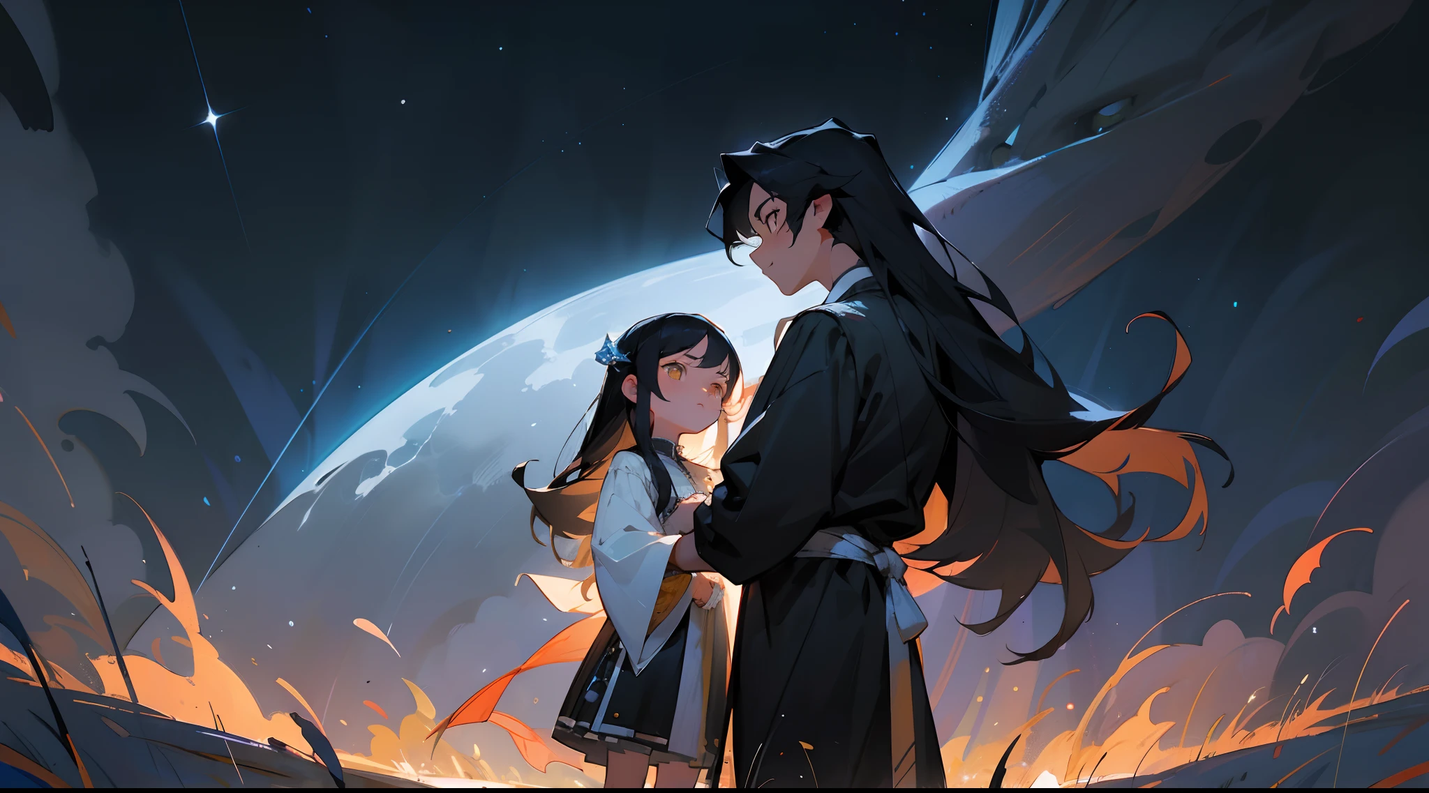 tmasterpiece,Best quality at best,highly details, Ultra-detailed 8K, 超高分辨率,Two people stood side by side on the ground,Faraway view,(Girl with long black hair,long whitr hair,the maid outfit)(Short black hair for boys,Yellow eyes,Deacon attire)kosmos,starlights,starrysky,black hole,Bask in starlight,perfect compositions,deep blue background