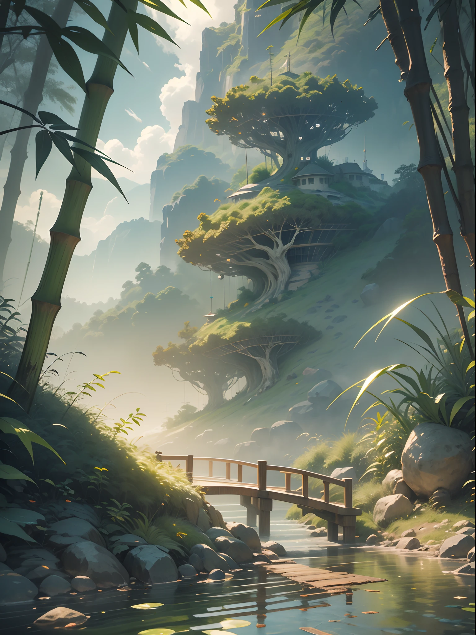 Fantasy jungle, bamboo tree fantasy, long bamboo tree, realistic, fogy environment, artificial intelligence, artificial water source, build a bridge between two different places which is surrounded by the bamboo trees, 8K best quality, AMD FidelityFX Super resolution 3, rendered by Nvidia RTX DLSS 3.5