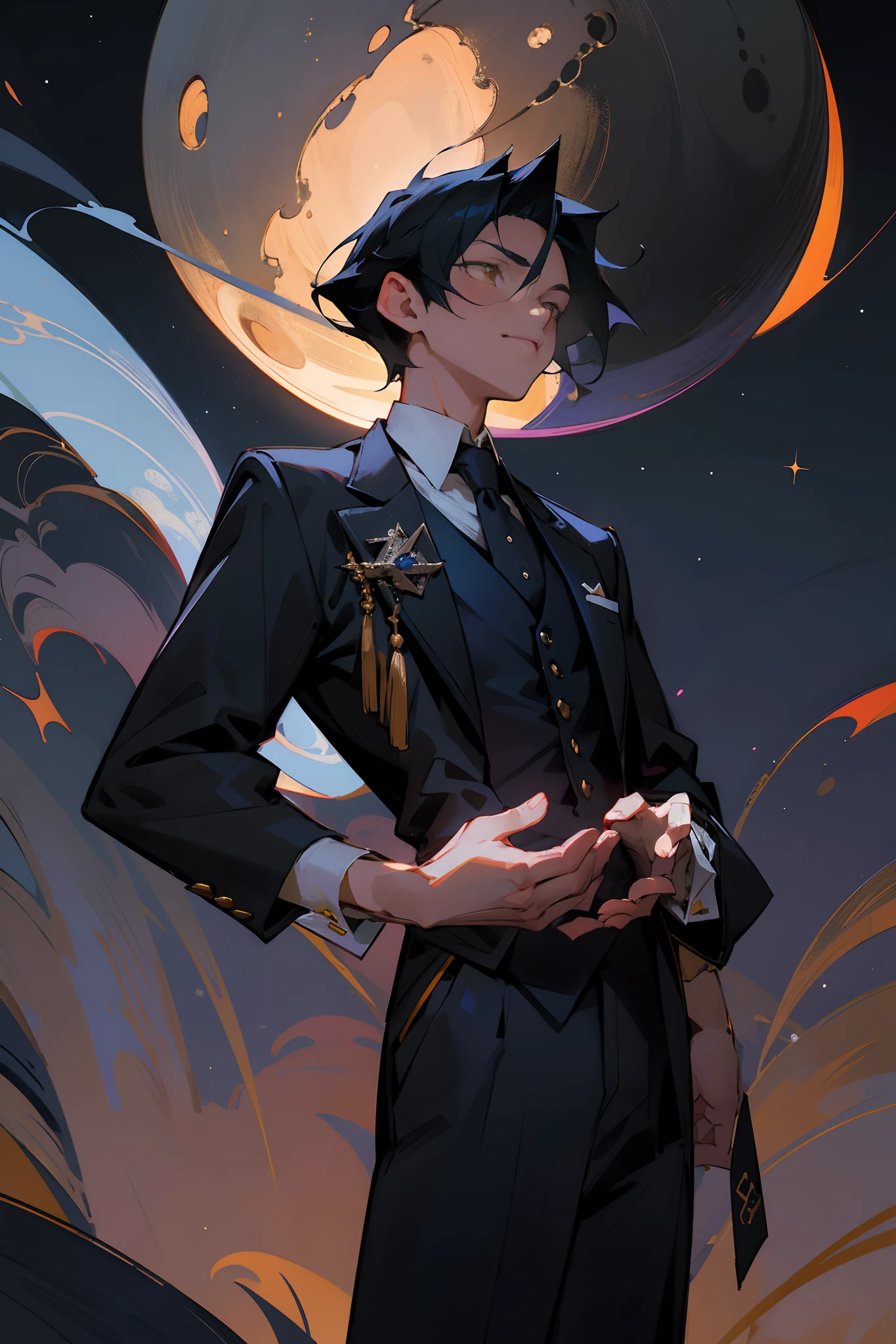 tmasterpiece，Best quality at best，highly details, Ultra-detailed 8K， 超高分辨率，The butler stood on the ground，20-year-old young man，with short black hair，Yellow eyes，kosmos，starlights，starrysky，black hole，Bask in starlight，perfect compositions，