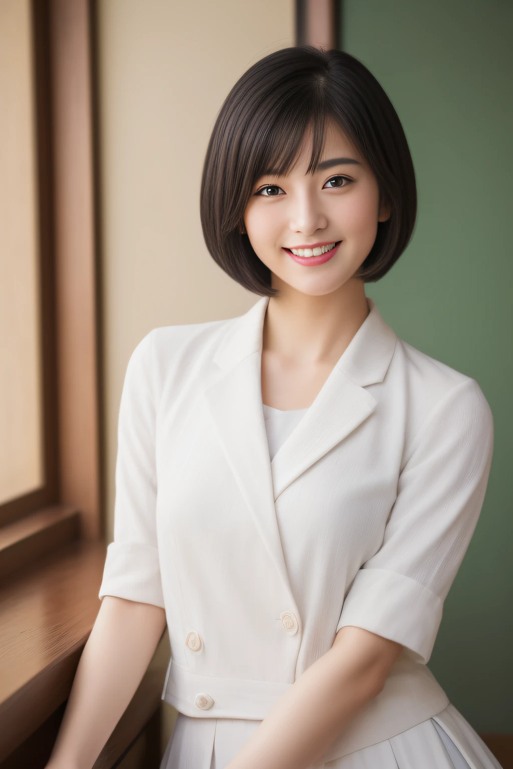 ((8k:1.27、top-quality、​masterpiece、超A high resolution:1.2))、 beautiful japanese female、 (High School Teacher:1.3)、1girl、teacher outfit、a large bust:1.5、valley、Dark hair、black eyes、short-hair、Beautuful Women、High School Classroom、early evening、A seductive smile、((perfect anatomia、Beautiful limbs,Healthy body、Beautiful skin))、naturalbody、profetional lighting、Professional filming、gravure、