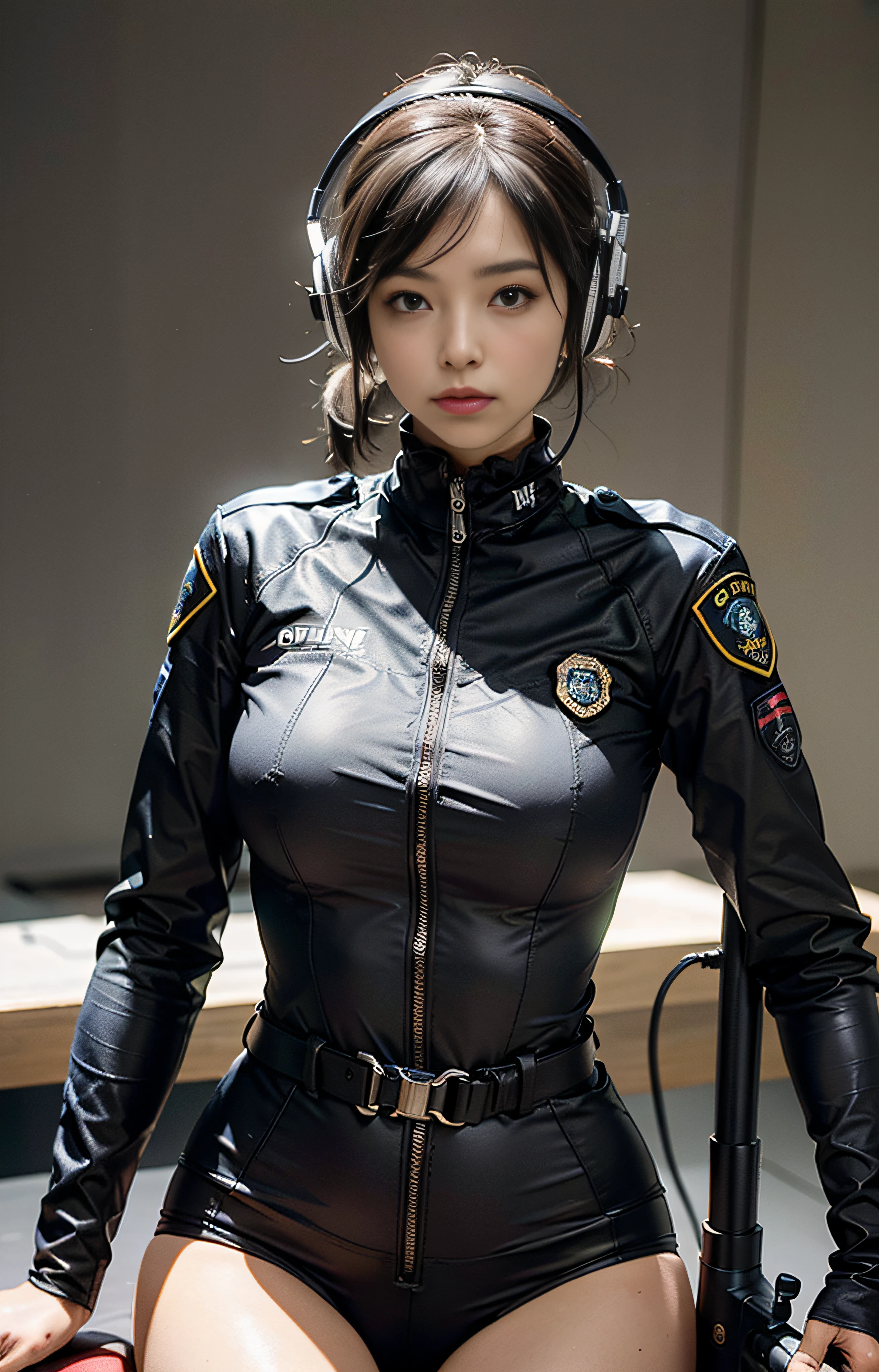 Highest image quality，Outstanding details，超高分辨率，The police of the future，She wears a futuristic SWAT uniform，She stood in front of the police car，Very sexy，Robust body，Sexy and robust，Detailed abs，Detailed muscle lines，dynamicposes，the night，Future city street view background，neonlight，sense of science and technology，future-tech，Very detailed cyberpunk style，cyber punk perssonage，Highly detailed police uniforms，Highly detailed police cap，Highly detailed police force，Highly detailed police badge，Highly detailed armbands，Highly detailed police strips，Highly detailed epaulettes，wear police cap，Highly detailed electric batons，large breasts:1.5，Highly detailed handcuffs，Highly detailed police equipment，Highly detailed police car，Future police car，frontage，Full body photo，Look from the bottom up，look from down, looki at viewer，mechs