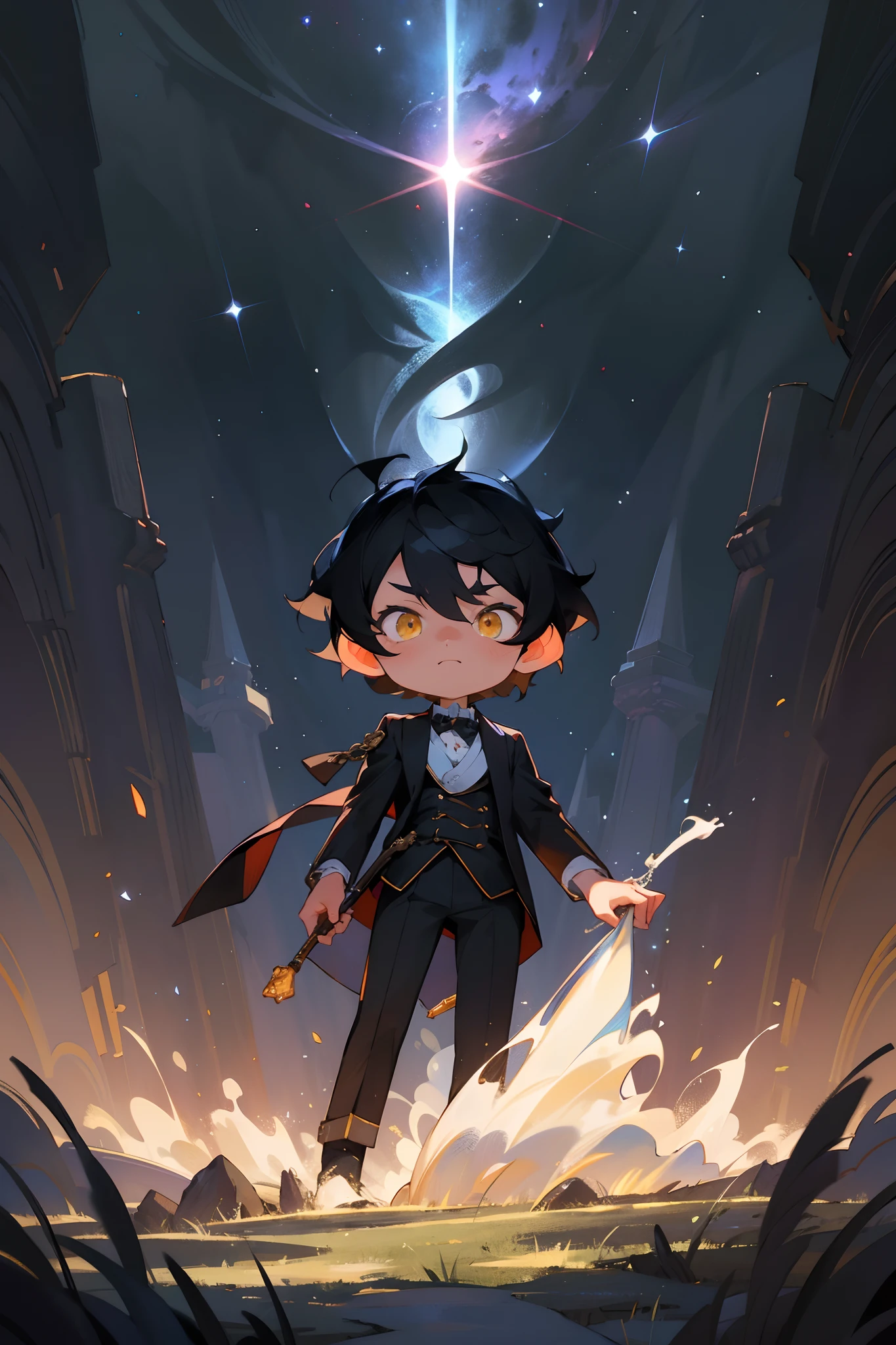 tmasterpiece，Best quality at best，highly details, Ultra-detailed 8K， 超高分辨率，The butler stood on the ground，20-year-old young man，with short black hair，Yellow eyes，kosmos，starlights，starrysky，black hole，Bask in starlight，perfect compositions，