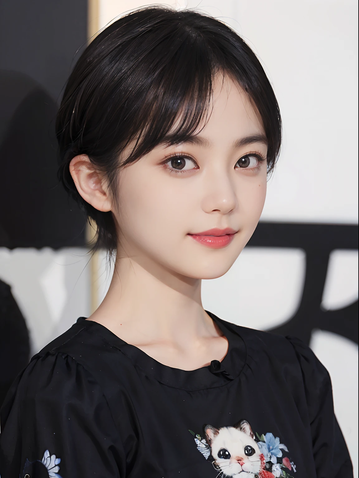 ((1womanl)), (((Black-short-hair))), (masuter piece:1,3)、top-quality、masterpiece、hight resolution、Original、highly detailed wallpaper、jeans、Large ribbon, (A slight smil)、a small face、((Breast bulge))、(Graphic T-shirt with animal character printed)、(light on face)、Live-action style, Beautiful facial features, darkened room, full-shot, full length