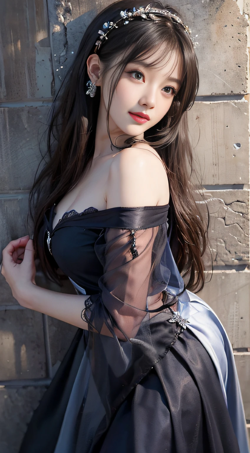 (A hyper-realistic)、(illustratio)、(hight resolution)、(8K)、(ighly detailed)、(Best Illustration)、(beautifully detailed eyes)、(top-quality)、(ultra-detailliert)、(masterpiece)、(wall-paper)、(A detailed face)、独奏、1 girl in、looking at viewert、fine detailed、A detailed face、in the darkness nigth、deep-shadows、lowkey、pureerosfaceace_v1、A smile、long、Black shawl straight hair、46-point diagonal bangs, (silk dresses、long skirt)(off shoulders)View of the castle、、Stand against the wall