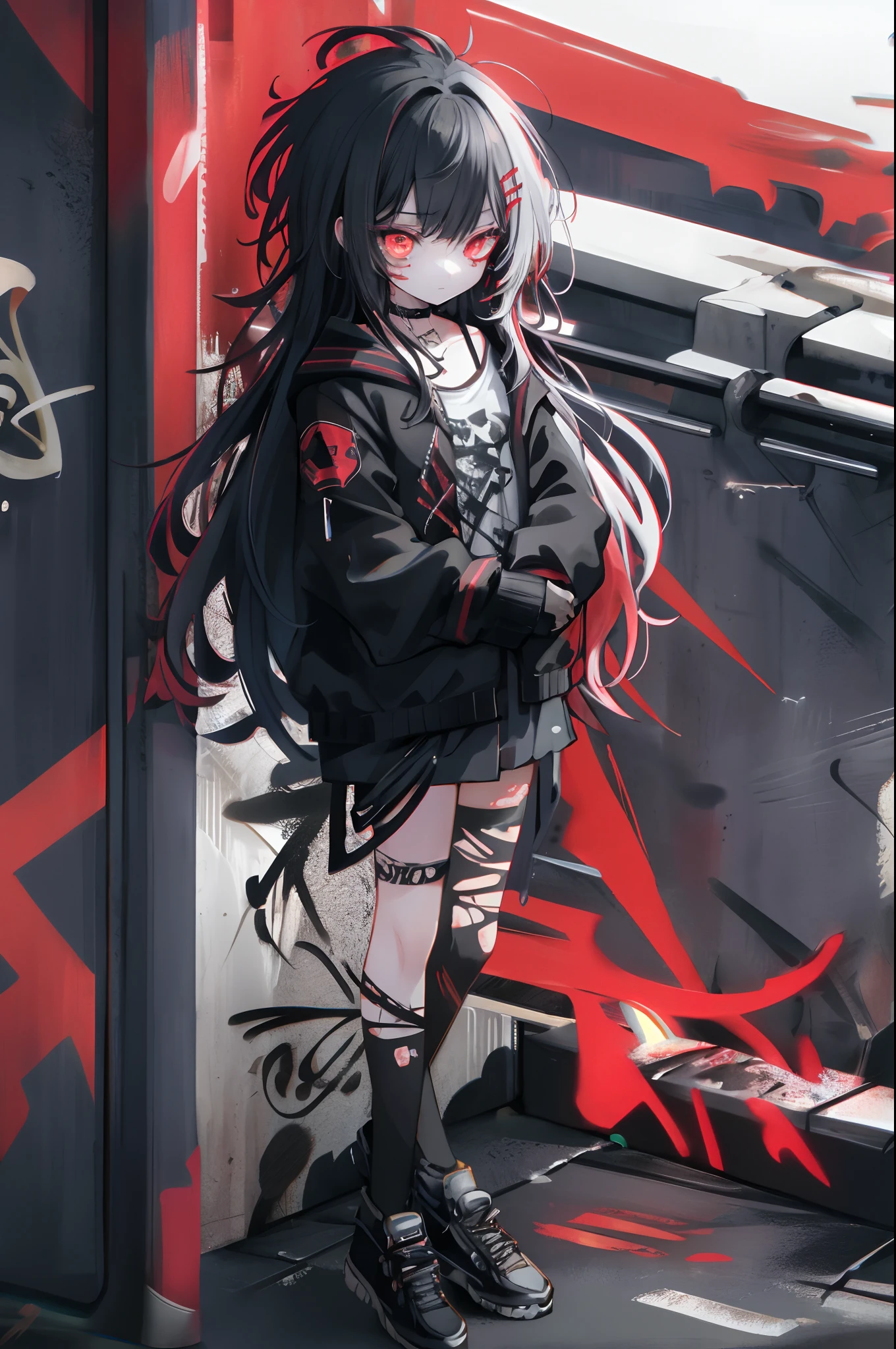 best quality, intricate details, chromatic aberration, standing, 1girl, long hair, black hair, messy hair, red highlights, red eyes, sharp eyes, choker, shirt, torn legwear, open jacket, against wall, brick wall, graffiti, colorful grafiti, tattoos, glow, neon lights, blacklight