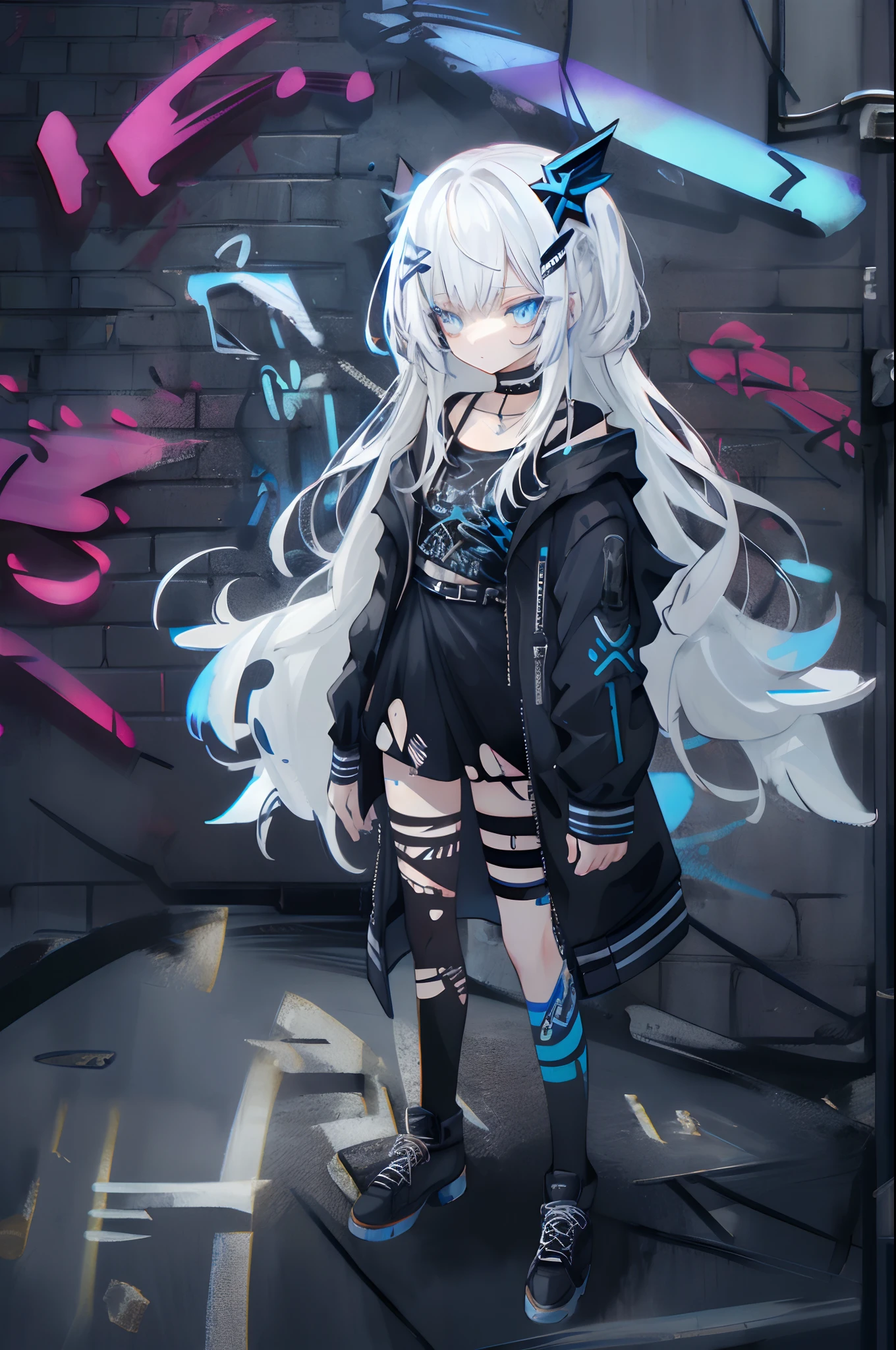 best quality, intricate details, chromatic aberration, standing, 1girl, long hair, white hair, straight hair, blue highlights, blue eyes, kind eyes, choker, shirt, torn legwear, open jacket, against wall, brick wall, graffiti, colorful grafiti, tattoos, glow, neon lights, blacklight
