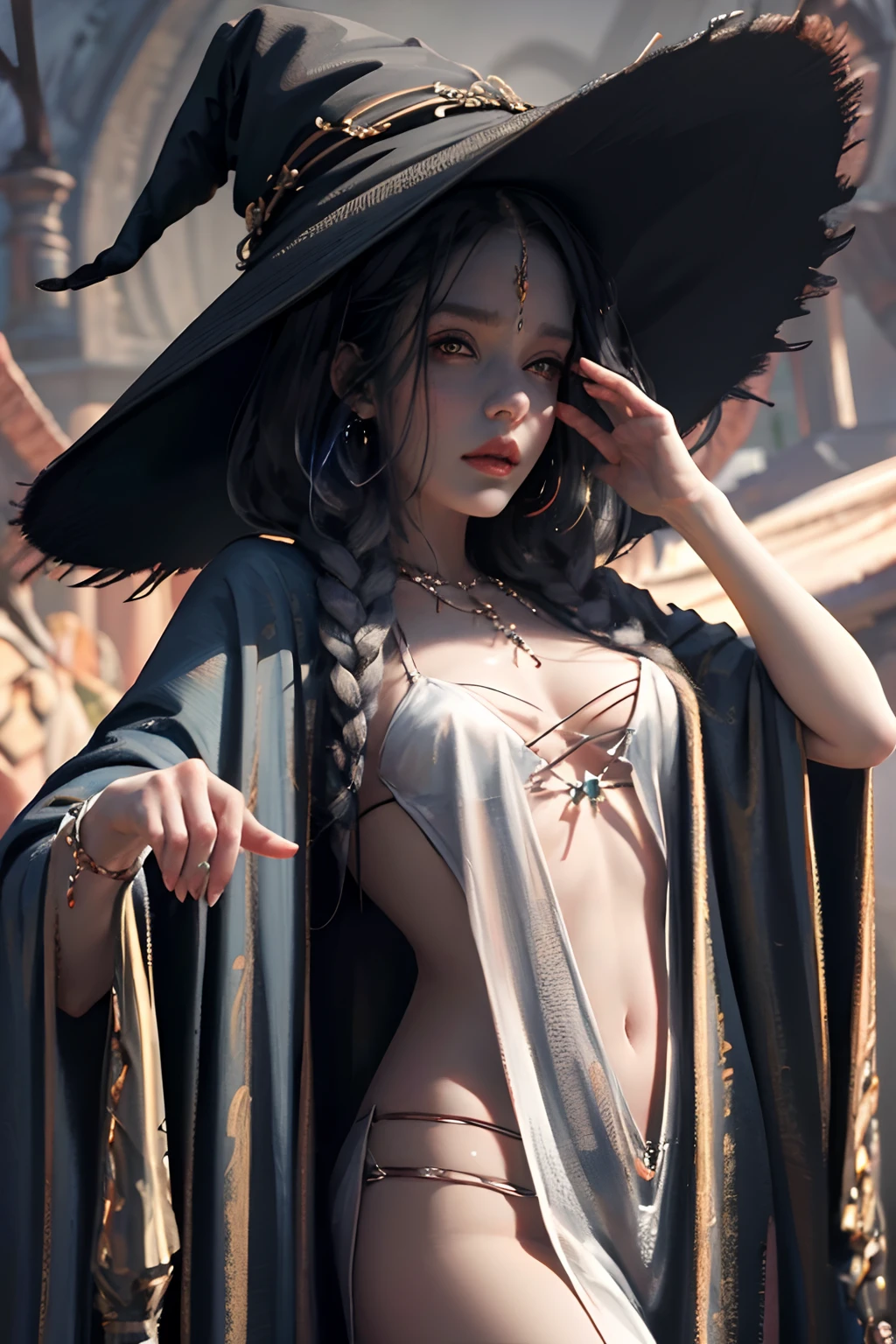 a female witch, making potion, fur robe, witch hat, masterpiece, best quality, detailed skin, white eyes, old hut background, detailed eyes,8k, good shading, beautiful strokes, detailed background, good anatomy