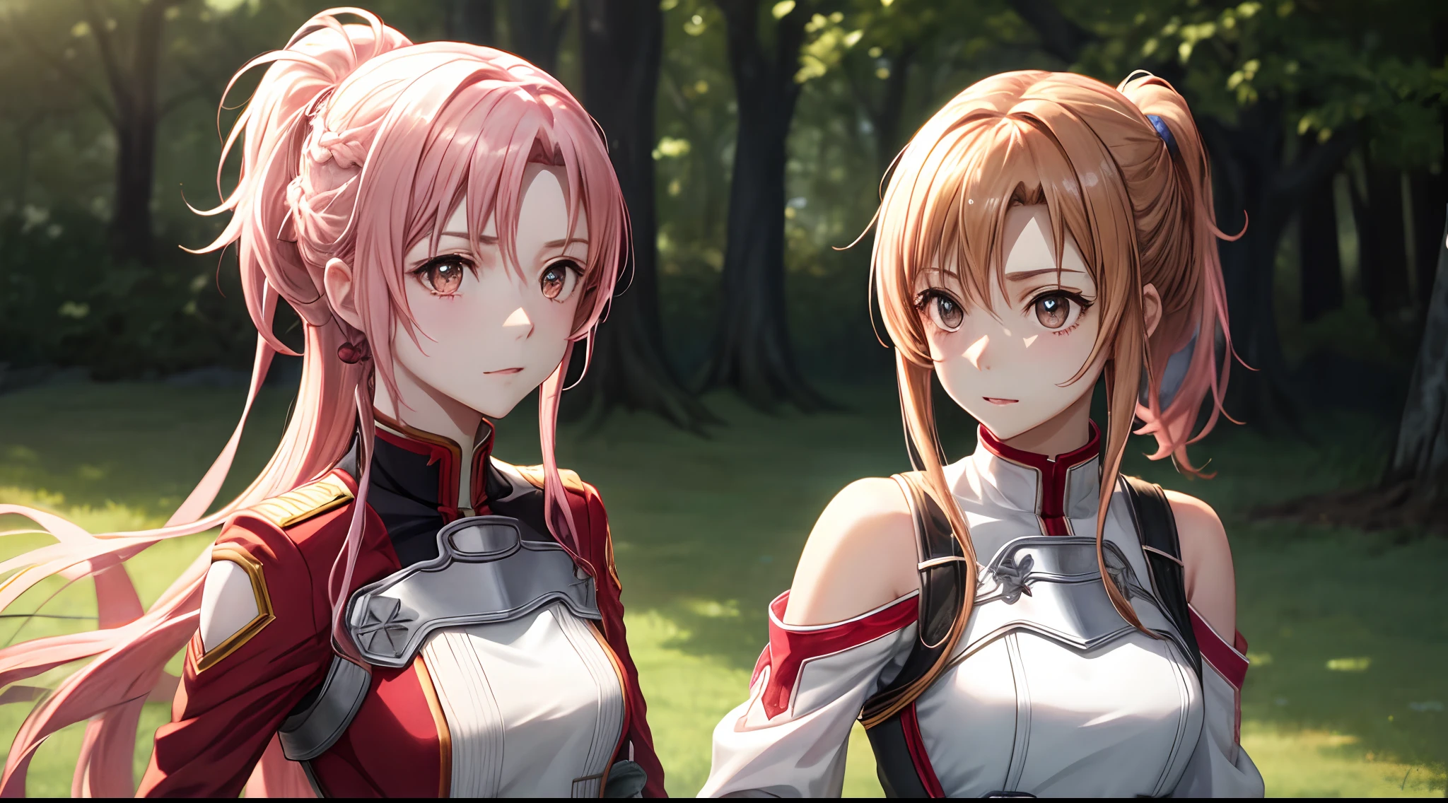 best pictures, masutepiece, ​masterpiece、super precision、Sword in right hand[[rapier:1.10]]、High quality anime girl with brown hair and brown eyes,[[Attractive eyes,A detailed eye、radiant eyes, Colorful eyes:1.15]]、Short ponytail, Pink hair、[[[Asuna Yuuki vs Kirito:1.5]]] ,White uniform, 8k picture, best qualtiy，hight resolution、Dress correctly、best pictures, masutepiece, Photorealistic, High resolution, Soft light, Attractive eyes that make you feel sucked in,showoff