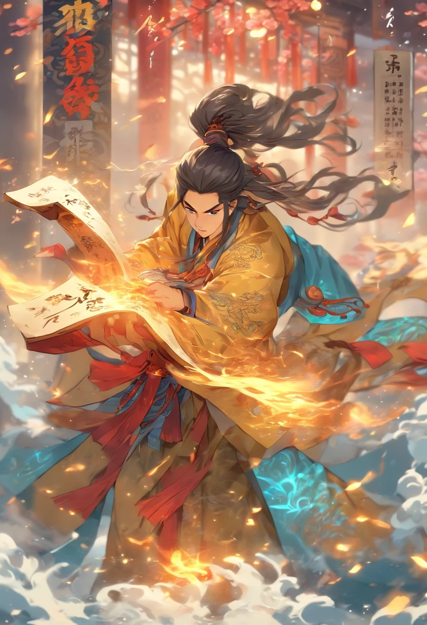 1boys,(((Solo)))，full body,Young scholars of ancient China，(Hold the transparent illuminated scroll:1.5)，(Transparent glowing kanji hovering in midair:1.6)，（Transparent kanji background：1.5），Vertical text，glittery，Scholar in blue robes，Long flowing hair flutters in the wind，16k, hyper HD, high resolution, Very detailed, Best image quality,dynamicposes，(20 columns of Chinese characters:1.6)，arranged in an orderly fashion
