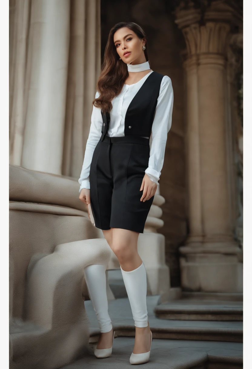 one-girl,Sit on the steps after school,Put your hands behind your back,((with whole body visible)),far from viewer。 She is a beauty,Pretty big breasts,sexy for,Little sister, She's slim,Slim,Petite,being thin,(small boobs),(little breast),clothes see-through,, She smiled,。She looks natural,unwind,Plain。,She stared at the audience, She wears a black ponytail。,She wears a white vest,Black sports shorts,The camera focuses on her face,light shining on face,Very large aperture,((f/1.2)),with a shallow depth of field,The background lens is blurry strongly,profesional lighting,the soft light,RAW photogr,Uniqlo fashion model, best qualtiy, tmasterpiece, Award-winning photography, hugefilesize, 8K, A high resolution,