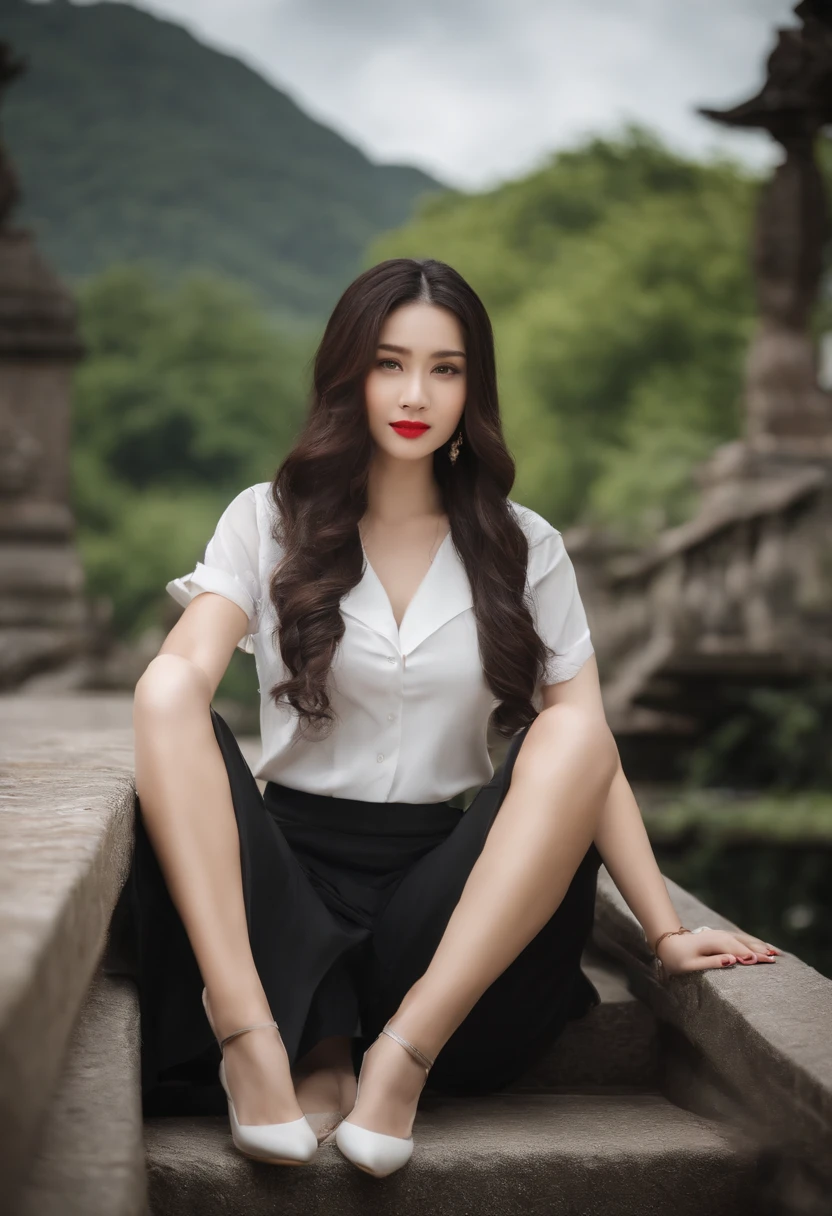 one-girl，Sit on the steps after school，Put your hands behind your back，（（with whole body visible）），far from viewer。 She is a beauty，Pretty big breasts，sexy for，Little sister， She's slim，Slim，Petite，being thin，（small boobs），（little breast），clothes see-through，， She smiled，。She looks natural，unwind，Plain。，She stared at the audience， She wears a black ponytail。，She wears a white vest，Black sports shorts，The camera focuses on her face，light shining on face，Very large aperture，（（f/1.2）），with a shallow depth of field，The background lens is blurry strongly，profesional lighting，the soft light，RAW photogr，Uniqlo fashion model， best qualtiy， tmasterpiece， Award-winning photography， hugefilesize， 8K， A high resolution，