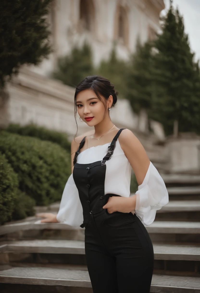 one-girl,Sit on the steps after school,Put your hands behind your back,((with whole body visible)),far from viewer。 She is a beauty,Pretty big breasts,sexy for,Little sister, She's slim,Slim,Petite,being thin,(small boobs),(little breast),clothes see-through,, She smiled,。She looks natural,unwind,Plain。,She stared at the audience, She wears a black ponytail。,She wears a white vest,Black sports shorts,The camera focuses on her face,light shining on face,Very large aperture,((f/1.2)),with a shallow depth of field,The background lens is blurry strongly,profesional lighting,the soft light,RAW photogr,Uniqlo fashion model, best qualtiy, tmasterpiece, Award-winning photography, hugefilesize, 8K, A high resolution,