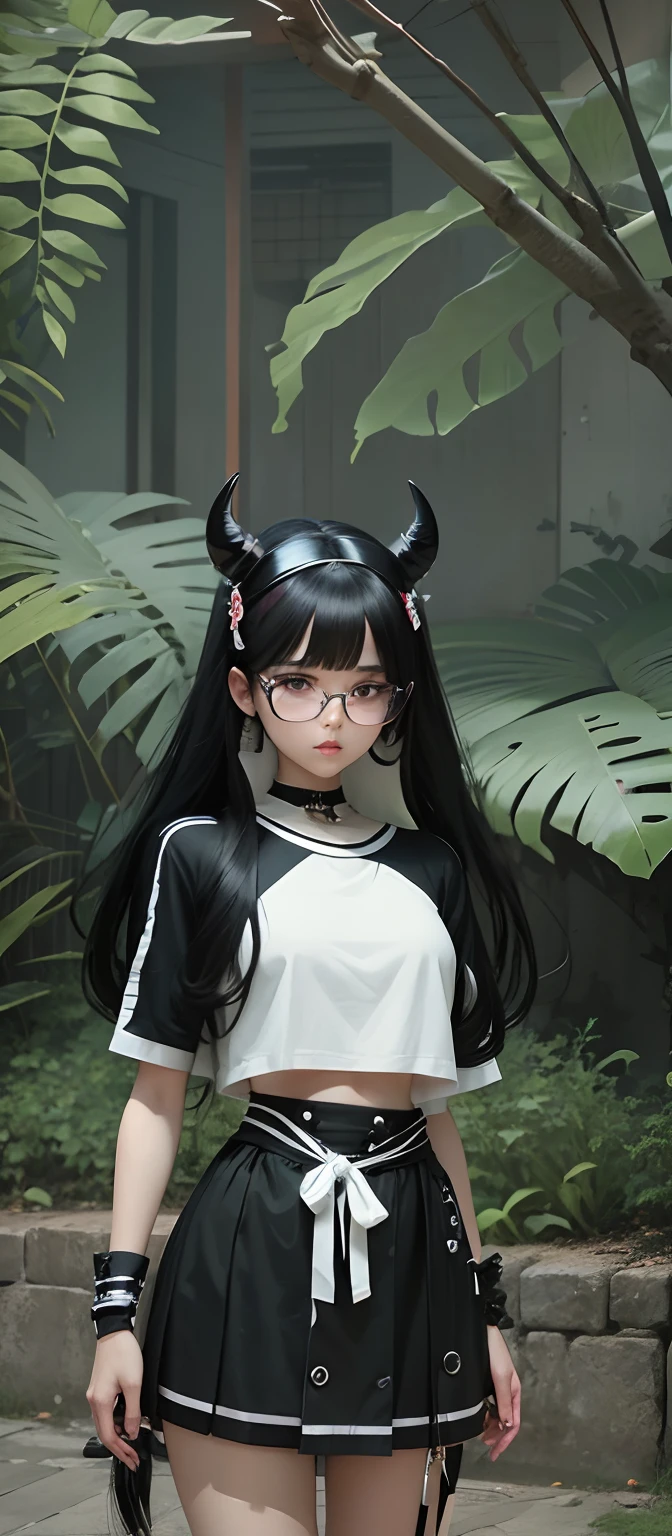 beautiful girl, white t-shirt with black stripes, sexy black mini skirt, doll hanging at the waist, clear glasses, long tied black hair, horn decoration on the head,beautiful Japanese face, detailed eyes, super high detail, ultra detail, high resolution, realistic,