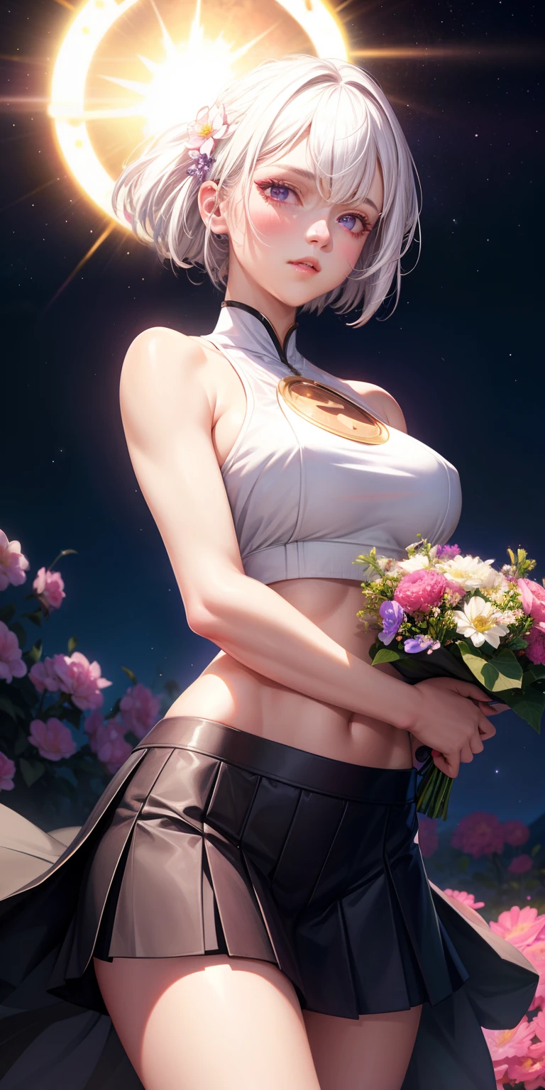 realistic, 1girl, white hair, purple eyes, glowing eyes, crop top, skirt, parted lips, blush, night, flowers, sun, sunlight,