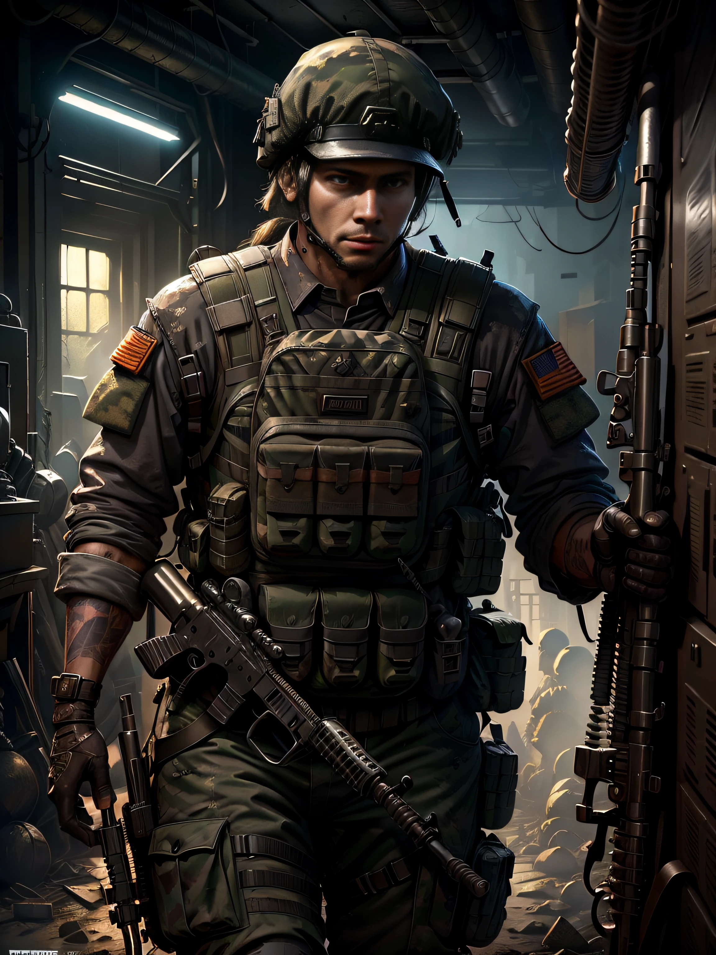 Soldiers in dark uniforms and assault rifles, ruined background, Realistic, Stylish, Assault vests, hdr, Intricate details, ultra - detailed, Cinematic, rim-light, danger atmosphere