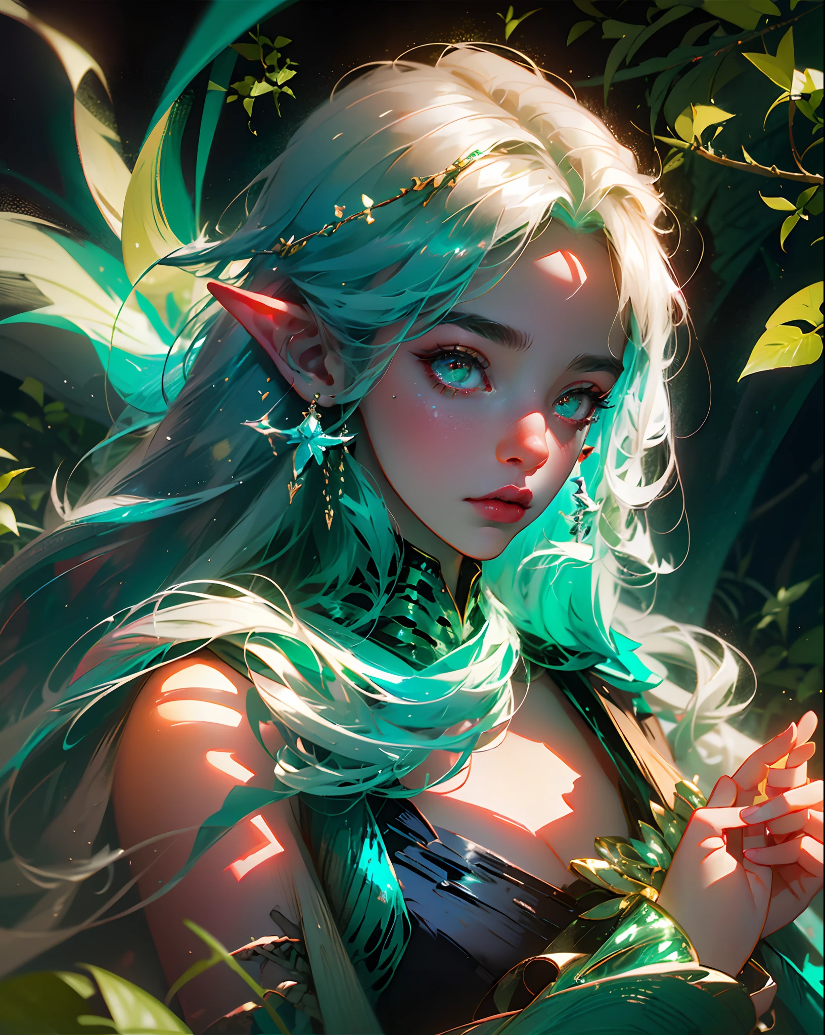 Full body painting of beautiful elf girl, (( long flowing green hair flying, bright pale blue eyes)),  beautiful pale makeup, color portrait, stunning, striking blue eyes, pastel blue eyes, cleavage, black armor, large breasts, gold dust spread across the skin and face, (dark, hyper-realistic photos (((portrait))) of glass refraction 1vase, background of post-apocalyptic ruins,(((HDR+)))), textures of 4mm, 8k, soft cinematic light, Adobe Lightroom, Photolab, HDR, intricate, elegant, highly detailed, sharp focus, ((((((cinematic appearance)))), soft tones, insane details, intricate details, hyperdetailed, low contrast, soft cinematic light, faint colors, exposure mix, faded, slate atmosphere)