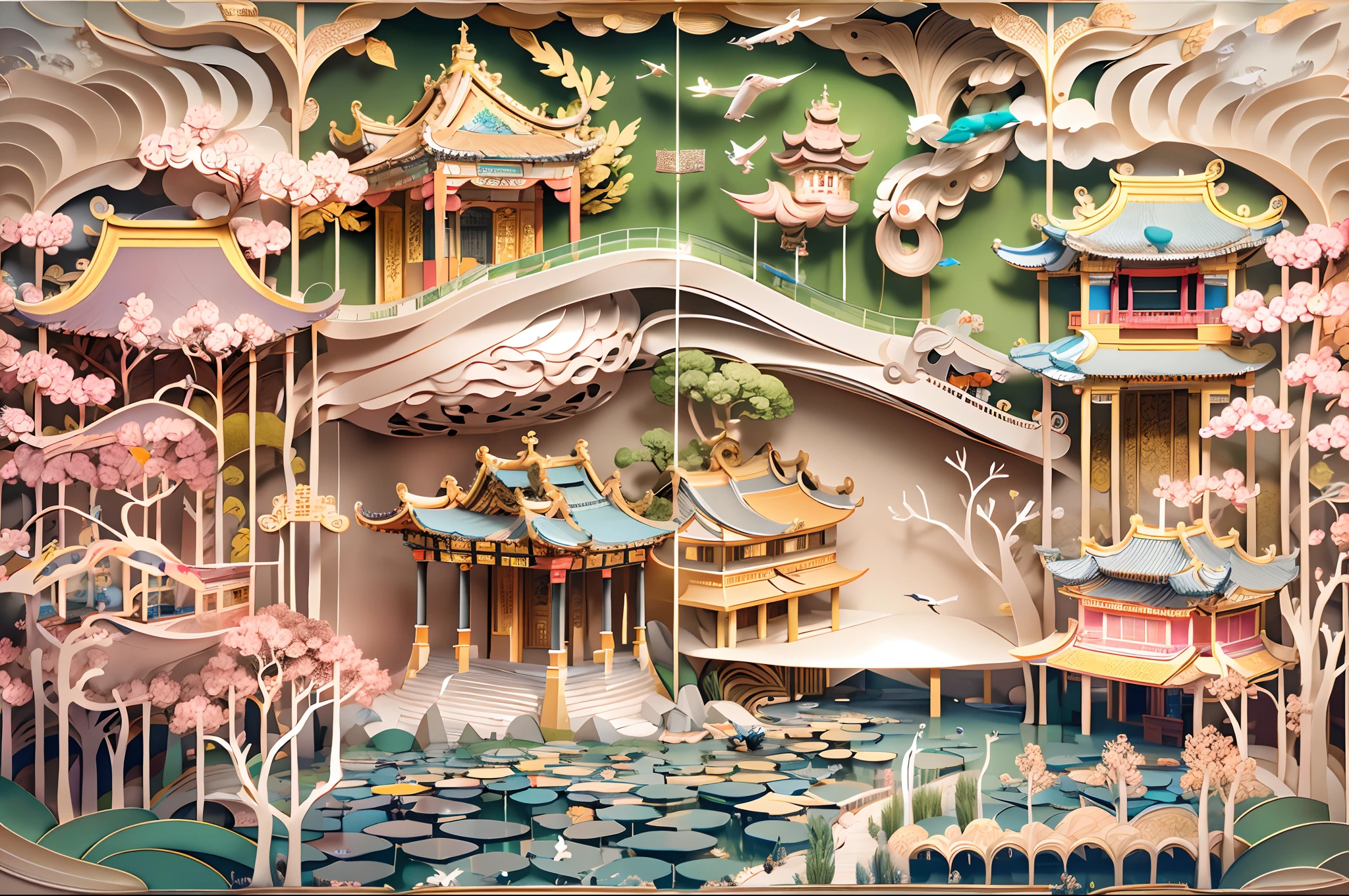 (((tmasterpiece))),best qualtiy,(paper cut out),beijing,Ancient royal palace architecture,Palace Museum,1 pond,Skysky,flying birds,White clouds,Green trees,environmental protection,the space,(Paper,arte em papel cortado),(globalillumination,Ray traching,hdr,The rendering is not realistic,Rational design,high detal,best qualtiy,hyper HD)
