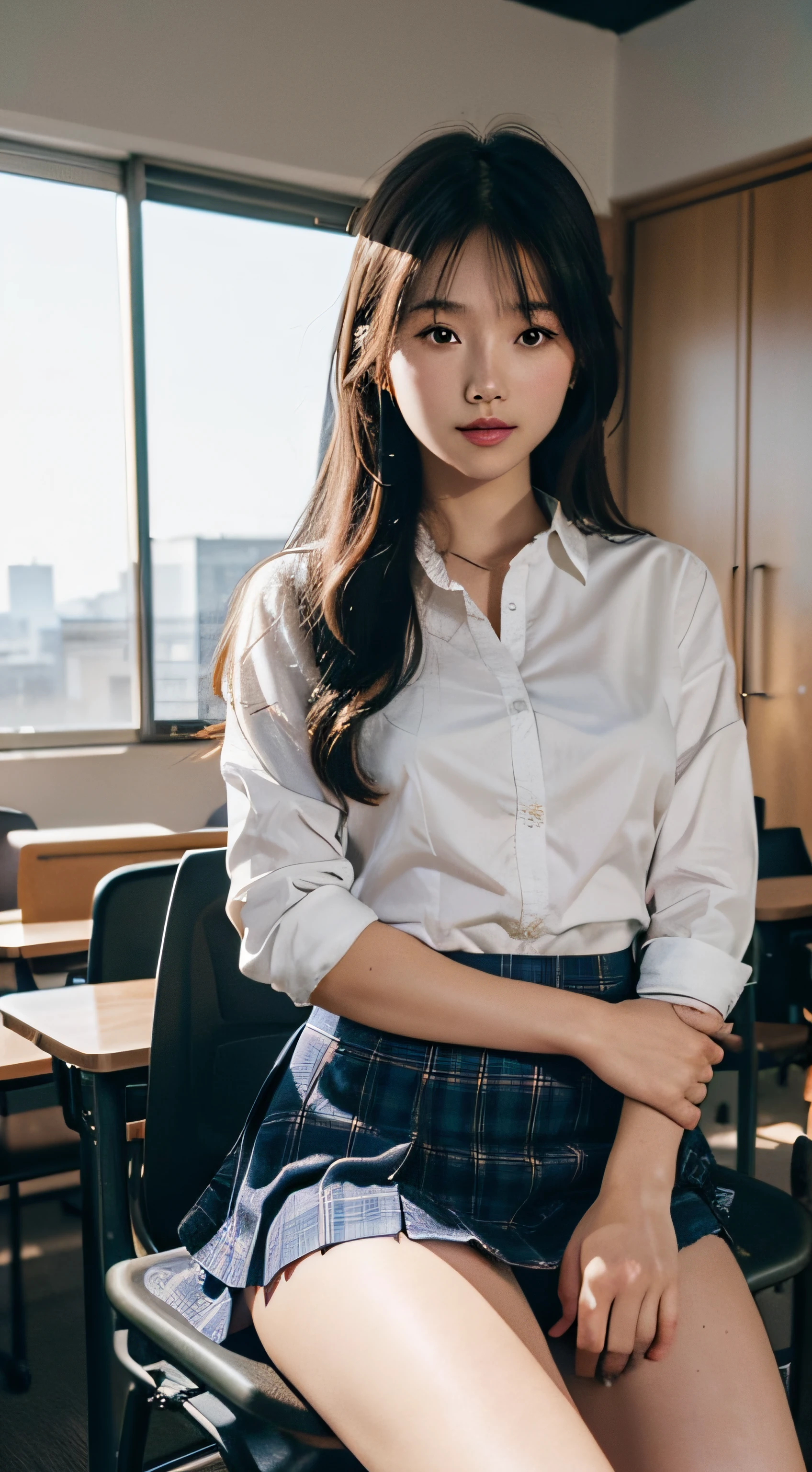 top-quality、8k picture、In a classroom with the setting sun shining through the window、High school girl sitting on chair、Cute Beautiful Girl、sit a chair、White blouses、Pull up the skirt to reveal white panties、slenderbody、tiny chest、toned legs、Detailed details