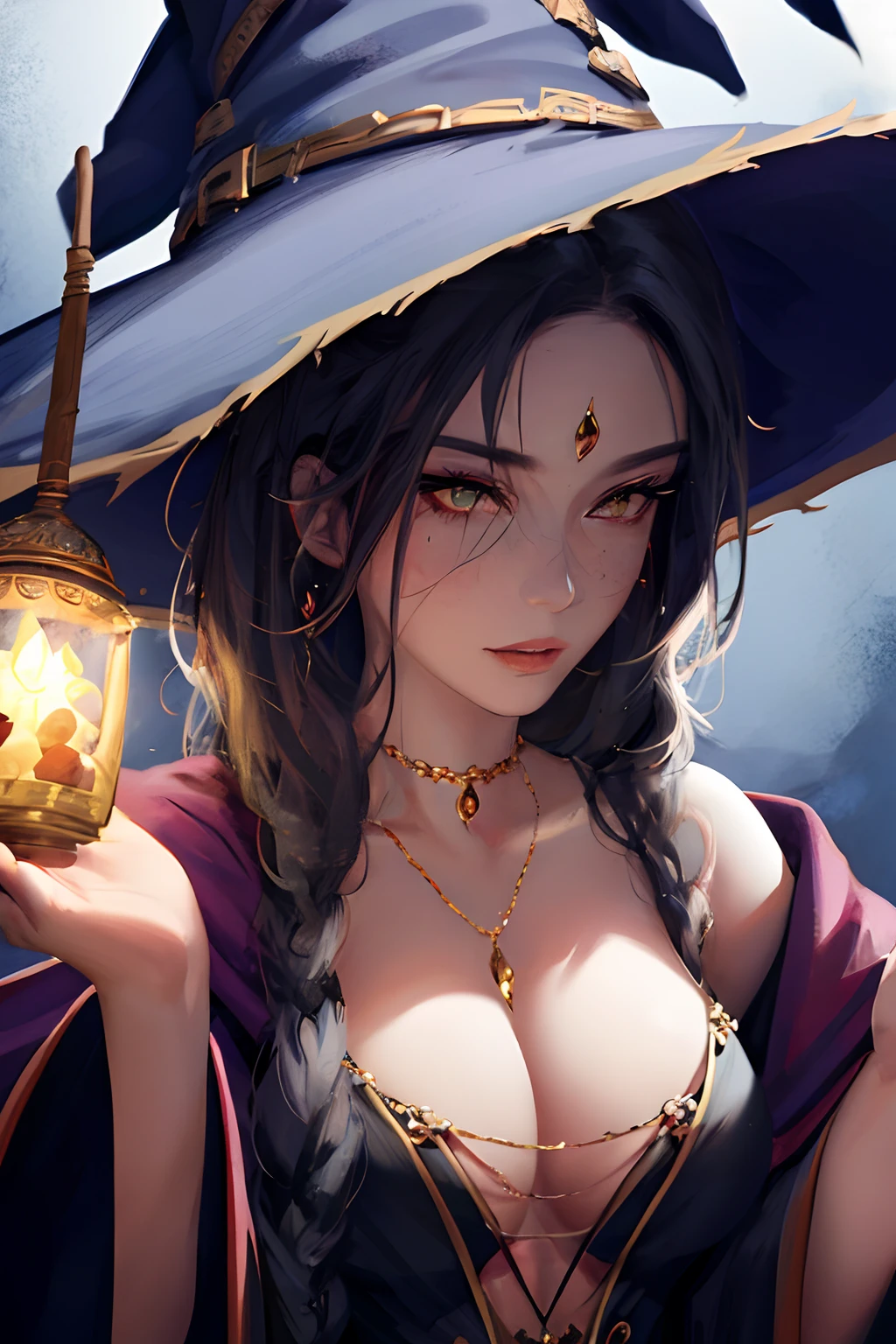 a female witch, making potion, fur robe, witch hat, masterpiece, best quality, detailed skin, white eyes, old hut background, detailed eyes,8k, good shading, beautiful strokes, detailed background, good anatomy