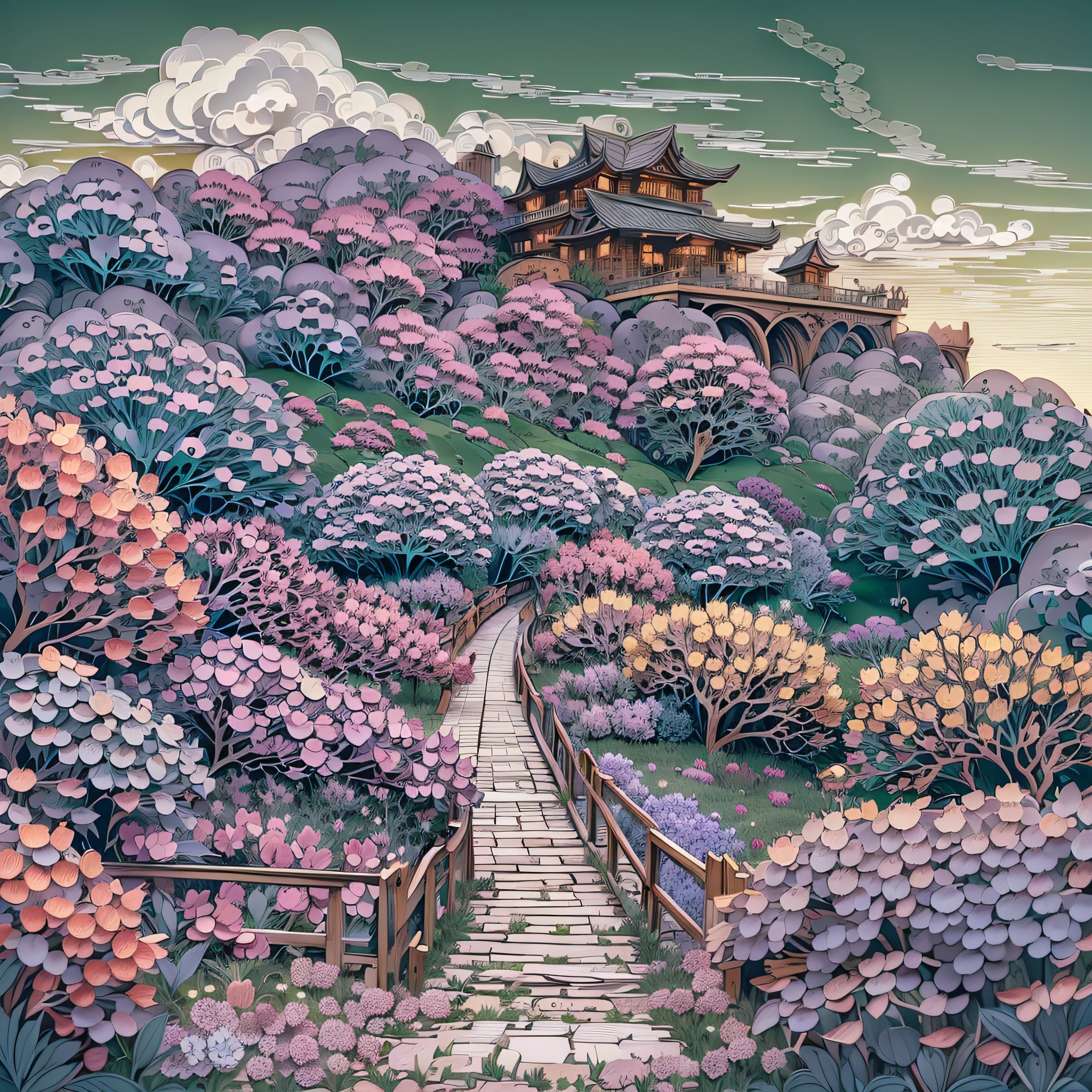 （wide wide shot），Paper Cuttings style：the night，bridge, Building, Bush, City, Cloud, day, Door, fence, Field,orest, sonoko, Grass, house, hydrangea, Mountain, Nature, No_Humanity, Outdoors, paths, plant, potted_plant, purple_flower, Road, scenery, sky, skyscraper, traditional_Mediums, tree,