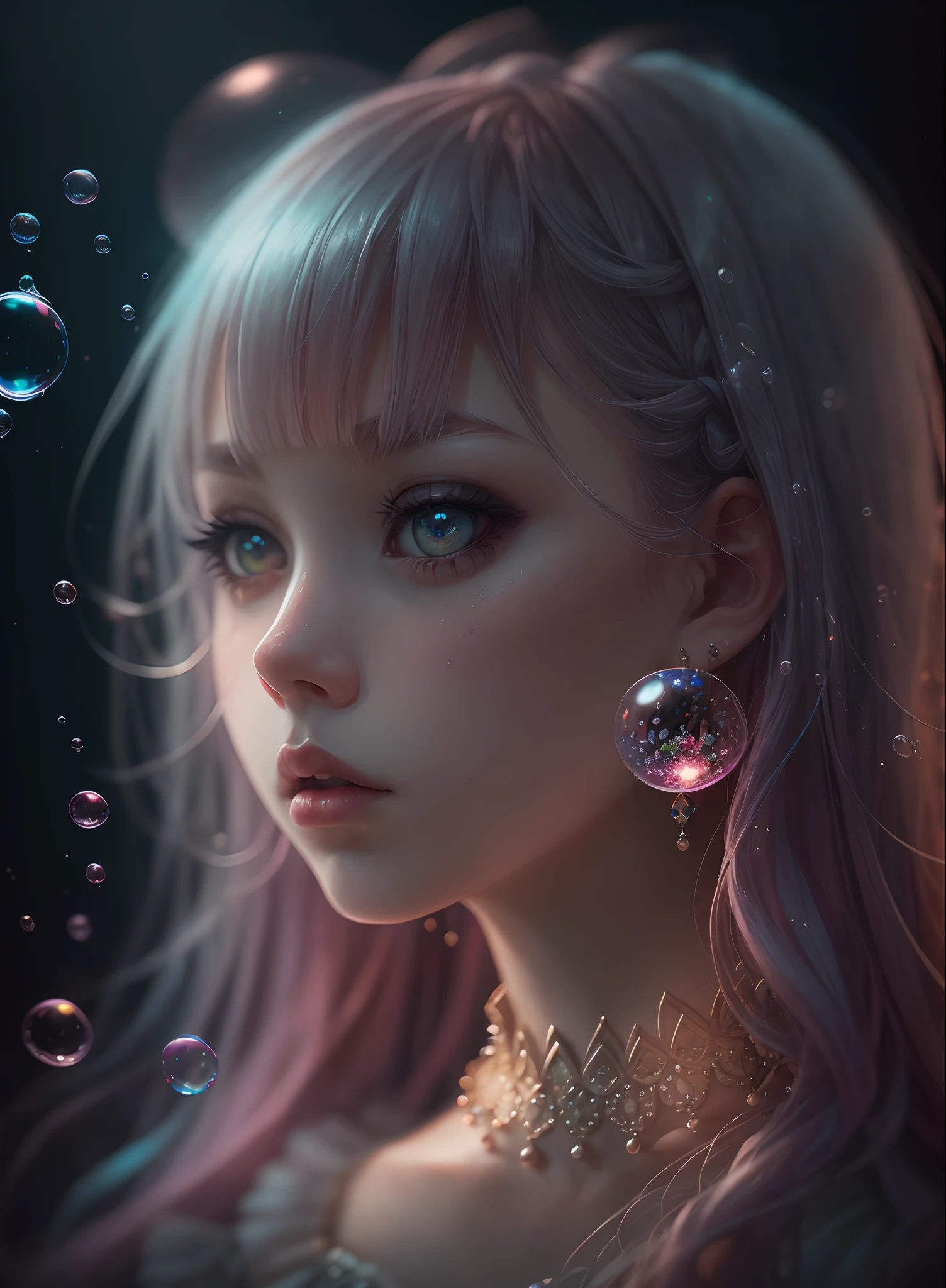 Insanely detailed photorealistic art of candy girl with candy jewellery, intricate bubble background, pastel aesthetic, mysterious vibes, gloomy aura, candycore, fairycore, kawaiicore, scenic, polished, complex, double exposure, stunning, creative shot, amazing depth, dramatic lighting, 16k, UHD, HDR, color gradient --auto --s2