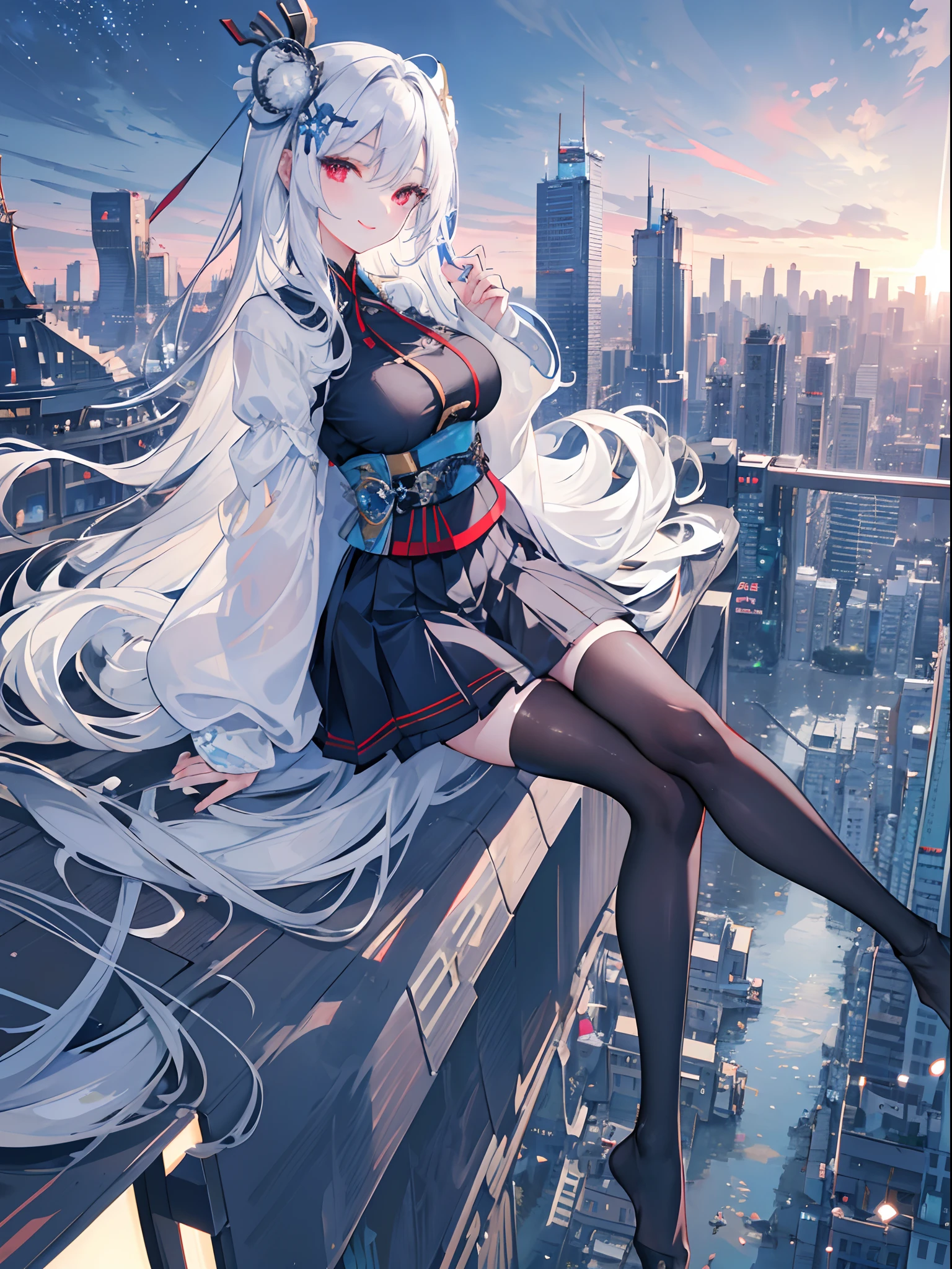 official art, masterpiece, sharp focus, (beautiful gorgeous cute Korean woman:1.3), (beautiful cute korean:1.3), korean beauty, Delicate and beautiful hair and eyes and face, realistic, ultra detailed, beautiful girl, blue sky, glow white particle, (sidelighting:1.2), sun light, white cloud, detailed clouds, slender, Lovely very large breasts and very large hips, smile with teeth, ((smile with eyes, open both eyes)), scenery, long straight hair, sexy facial expression, building, (cityscape:1.7), dynamic hair, long straight hair, detailed platinum black hair, black neck turtle with brown suit, glow red eyes, (blue pleated shirts + white skirt), white long socks, pale skin, hair ornament, epic scenery
