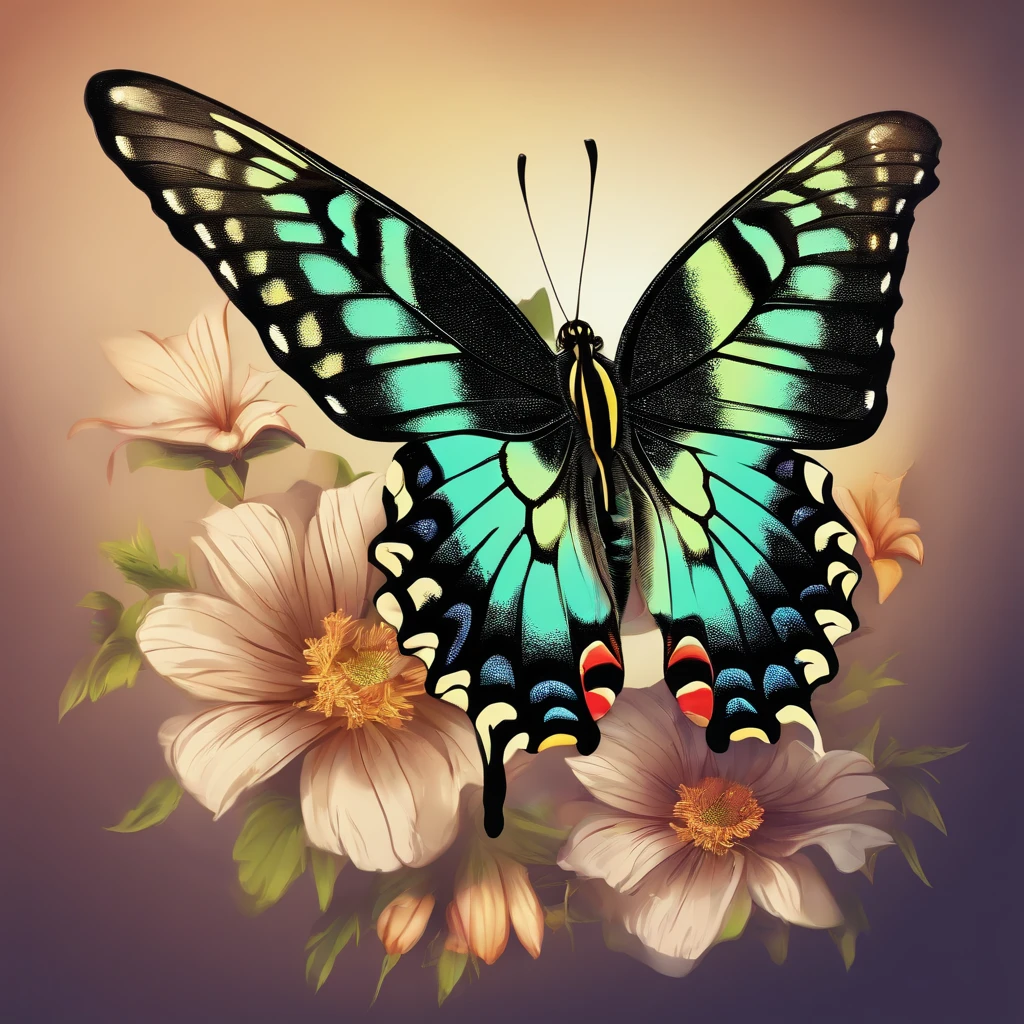 Swallowtail butterfly、vector-art、colourfull、artistic、logo mark、tshirt design、Angle from directly above、Overall shape square、