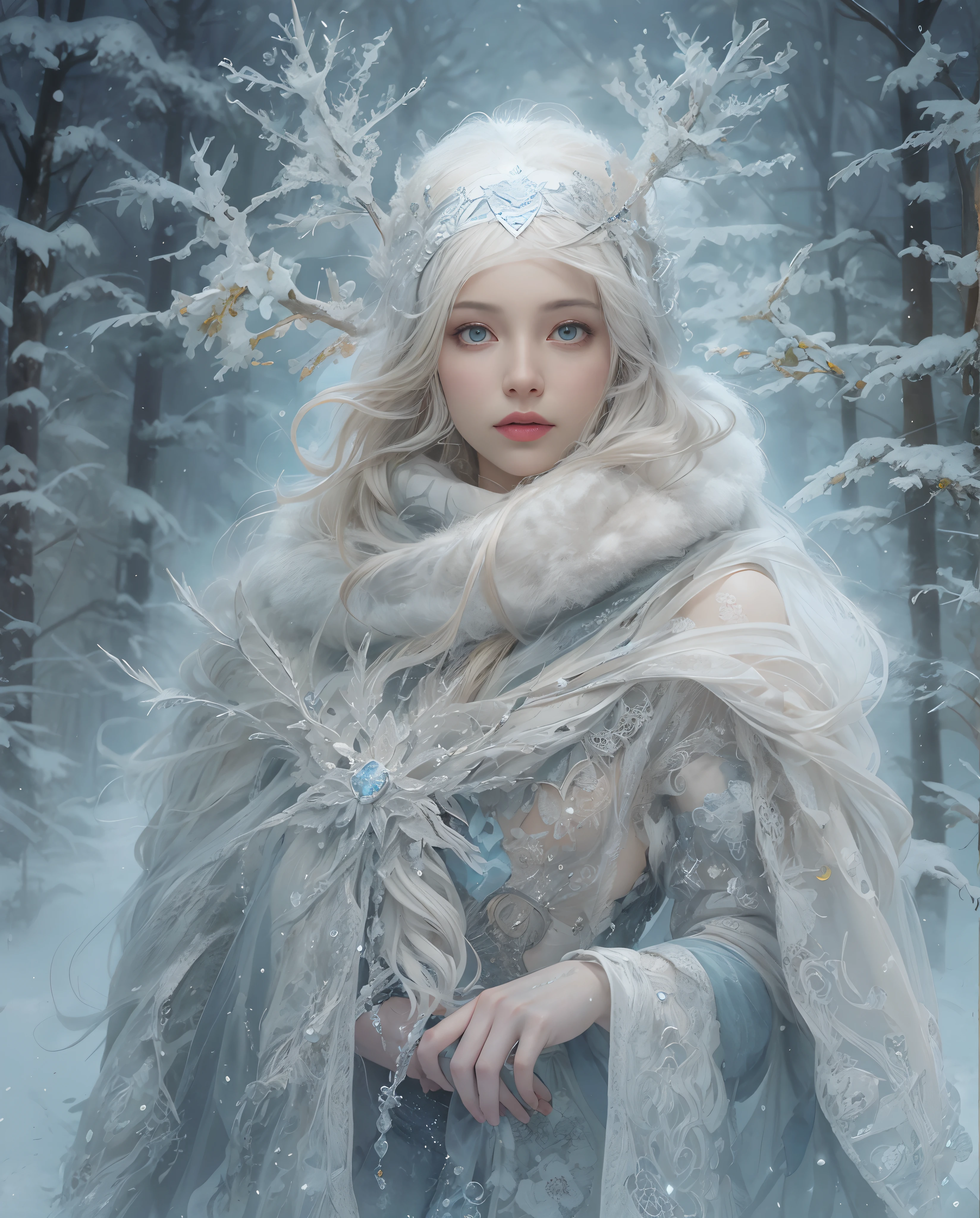 Best quality, masterpiece, meticulous details, intricate detail, realistic, mystical winter lady