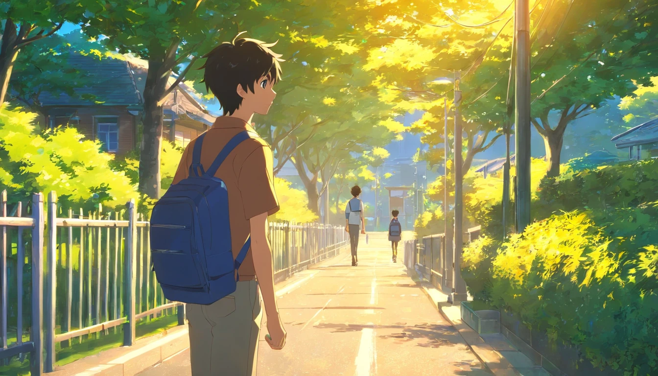 masterpiece, best quality, 1boy, male focus, handsome, residential area, fence, spindle trees, afternoon sun, the way home from school, school uniform, backpack, flock of birds, from directly side, depth of field