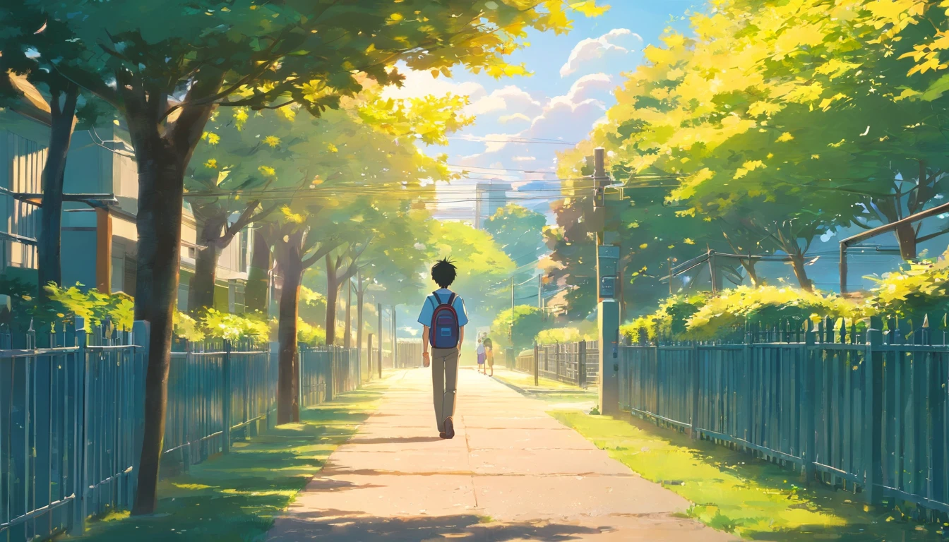 masterpiece, best quality, 1boy, male focus, handsome, residential area, fence, spindle trees, afternoon sun, the way home from school, school uniform, backpack, flock of birds, from directly side, depth of field