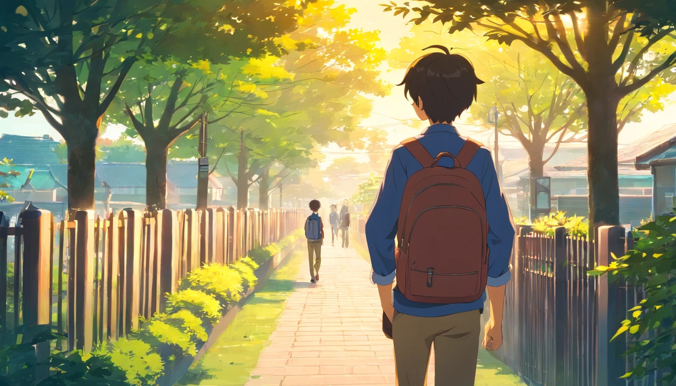 masterpiece, best quality, 1boy, male focus, handsome, residential area, fence, spindle trees, afternoon sun, the way home from school, school uniform, backpack, flock of birds, from directly side, depth of field