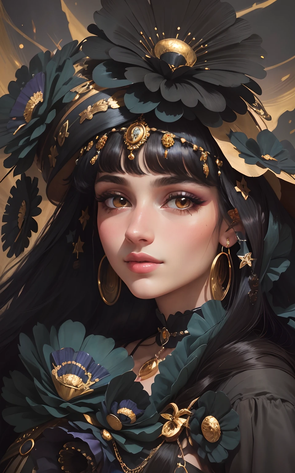 close-up profile portrait of 19 years old Gypsy lean girl with a slight smile, extreme long sleek strait coal black hair, bijou jewelry, in canvas print, collage-based, fashion illustration, vivid dark earth pastel color palette, glitter, in the style of the Dutch Golden Age painter Frans Hals