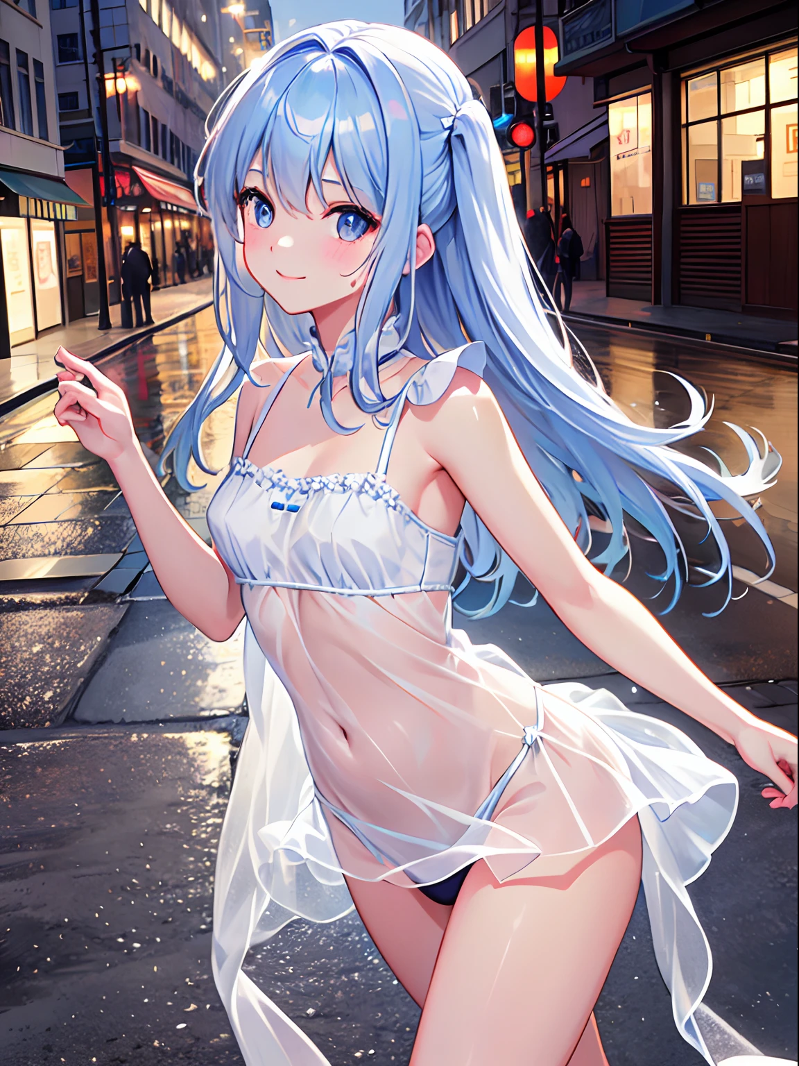 hight resolution, top-quality, ultra-quality, The ultra-detailliert, lighting like a movie、Woman in small panties、In the street、Small white camisole、Sheer 、Exposed chest、Wearing sweat、A smile, medium breasts,