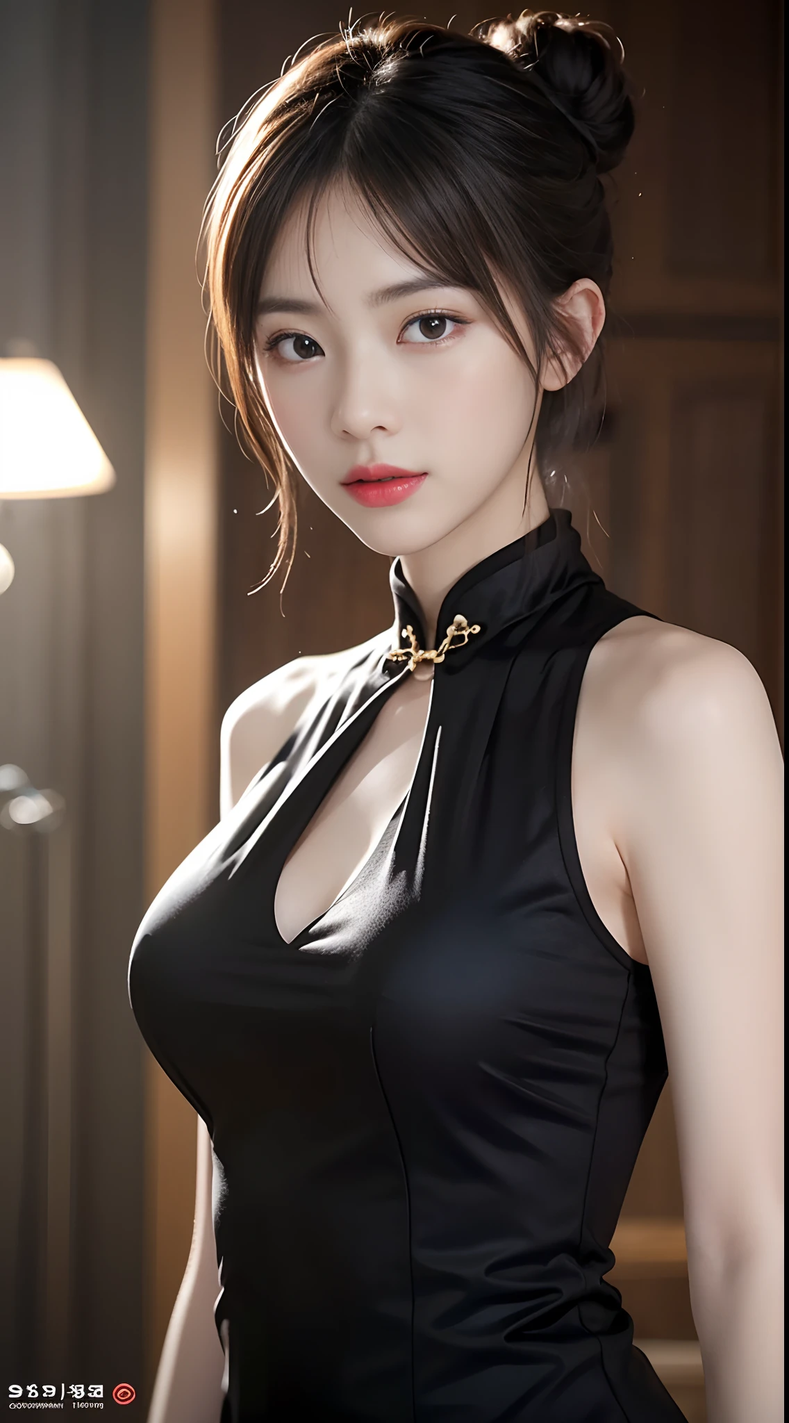 (8K, Raw photo, Best Quality, masutepiece:1.2), (Realistic, Photorealsitic:1.37),1girl in, Professional Lighting, Photon mapping, Radio City, Raw photo、(Photorealsitic:1.4)、Octane number renderin、Complex 3D rendering ultra detail, Studio Soft Light, Rim Lights, vibrant detail, super detailing, realistic skin textures, Detail Face, Beautiful detail eyes, Very detailed CG Unity 16k wallpaper, make - up, (detailedbackground:1.2),Colossal tits、Best Quality, 超A high resolution, masutepiece, 1girl in, 20yr old, Black hair,(Cheongsam), cute face, Bun,a temple background、乃木坂アイドル、韓国アイドル、Japan idle