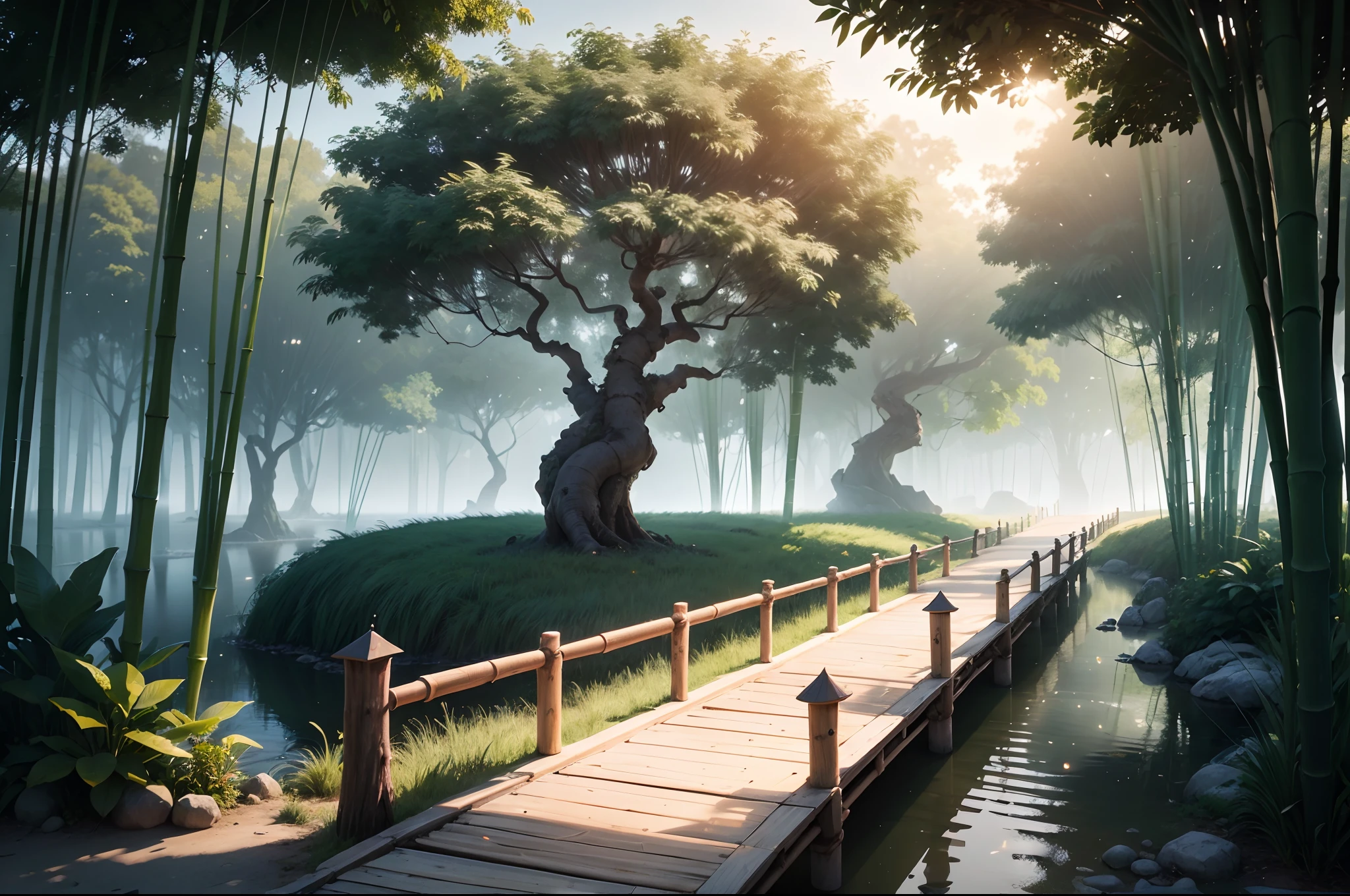 Fantasy jungle, bamboo tree fantasy, long bamboo tree, realistic, fogy environment, artificial intelligence, artificial water source, build a bridge between two different places which is surrounded by the bamboo trees, night view, 8K best quality, AMD FidelityFX Super resolution 3, rendered by Nvidia RTX DLSS 3.5