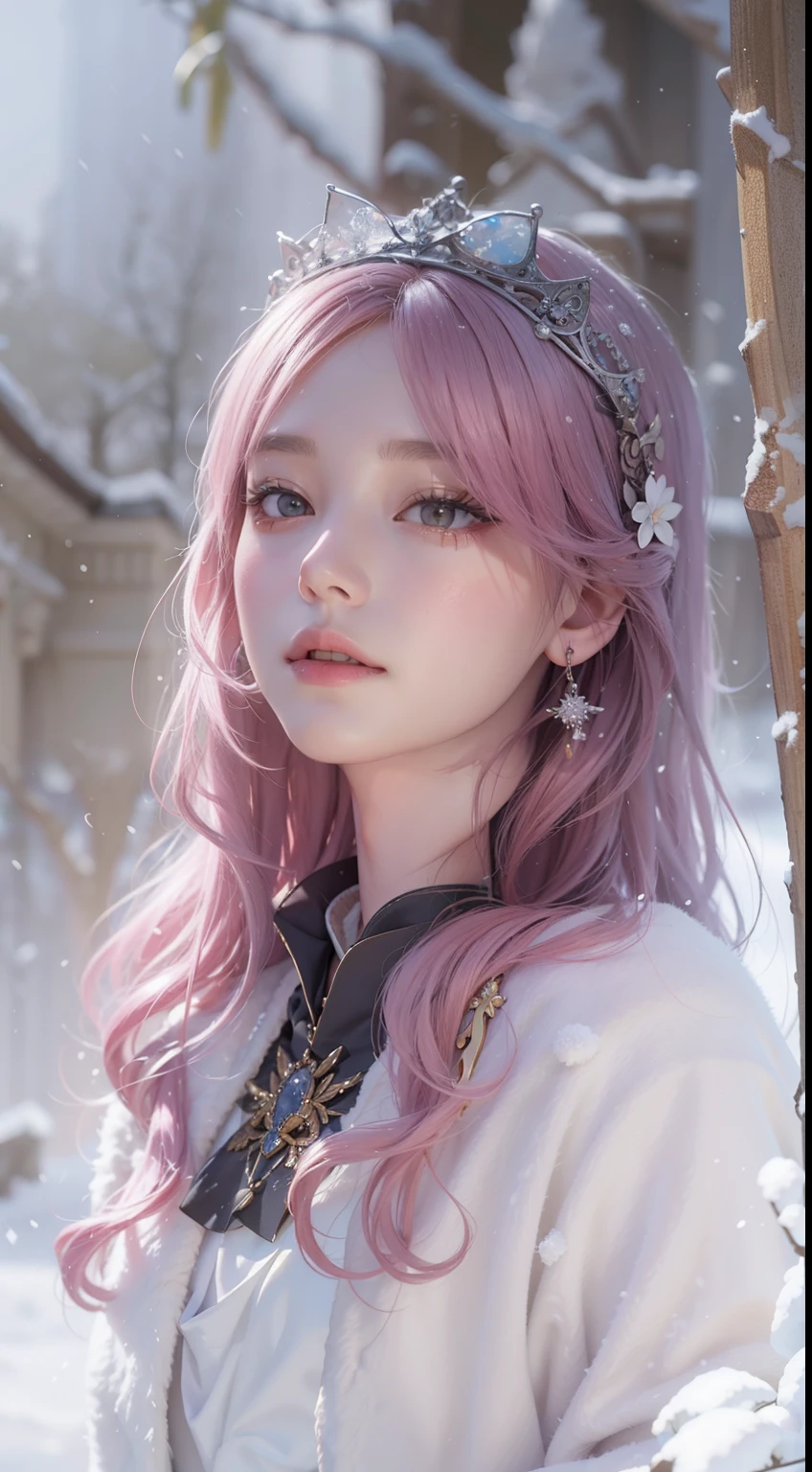 Works of masters,Best image quality,超高分辨率,8K分辨率,first person perspective,(full bodyesbian),s the perfect face,Glowing skin,Exquisite facial features,solo person,femele,ssmile,long whitr hair,Pink hair,crossed bangs,Wave head,Bracelet,Collar,pendant,Lolita costume,snowflower,Winters,Temple,New Year,Opal rendering,Cinematic lighting,Winter snow method