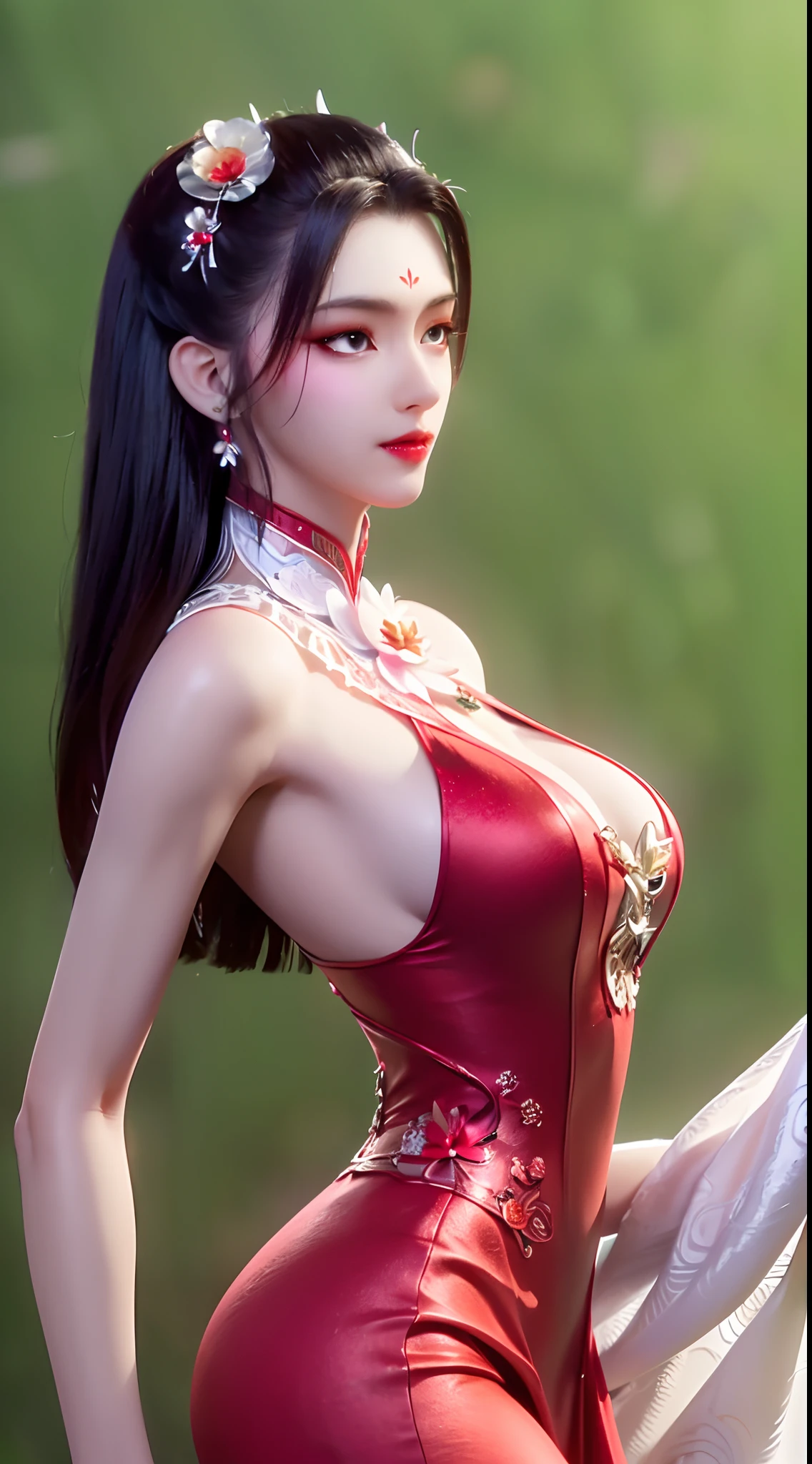 A beautiful and sexy 20 year old girl, ((wearing a super thin red dress:1.8)), a dress with diamonds, ((long platinum hair:1.6)), bangs, jewelry elaborately made from precious stones and beautiful hair, ((wearing a black lace necklace:1.4))), the noble, noble style of an extremely beautiful girl, her small face is super cute, her face is very pretty, thin eyebrows, flawless beautiful face, ((black eye pupils: 0.8)), very beautiful eyes, ((light red eyes: 1.5)), nice makeup and hair detailed eyelashes, steamy eye makeup, high nose, earrings, red lips, ((closed mouth: 1;5 )) beautiful lips, slim hands, most beautiful thighs, ((arms spread out to the sides: 1.5) ), rosy face, clean face, flawless beautiful face, smooth white skin, (big breasts: 1.5)), ((high breasts: 1.6) ), tight breasts, beautiful cleavage, (((big breasts and super round: 1.8))), ((super tight breasts: 1.7)) , beautiful breasts, back arms, chest out, thin black mesh stockings with black lace trim, 8k photo, super high quality, super realistic, super 10x pixels, optical, bright studio, bright edges, dual-tone lighting, (high-detail skin:1.2), super 8k, soft lighting, high quality, volumetric lighting, photorealistic, photorealistic high resolution, lighting, best photo, 4k, 8k quality, blur effect, smooth sharp, 10 x pixel, ((red flower background:1.7)), aurora, lightning, super graphics realistic, most realistic graphics, alone, solo, Extremely sharp image, surreal, girl's upper body, (((frontal portrait: 1.6)))."