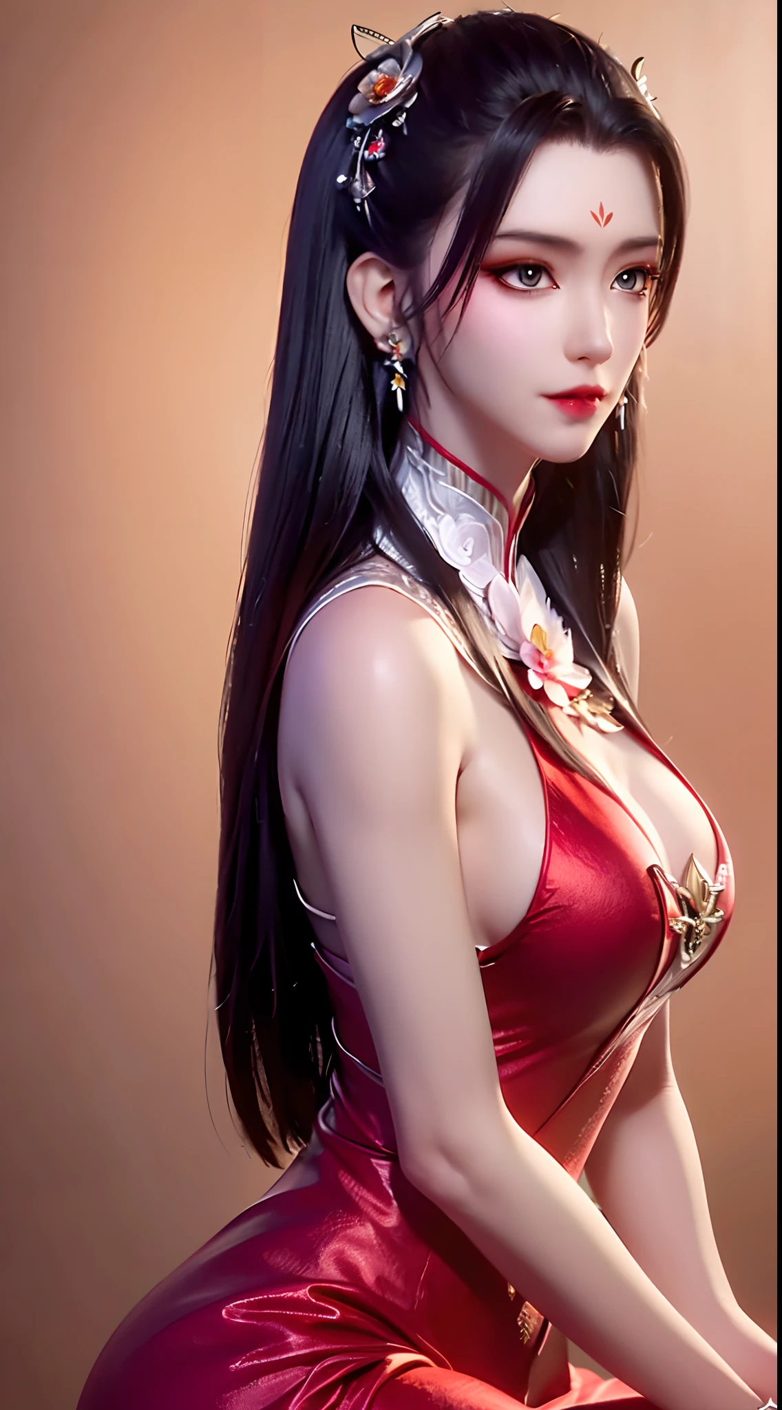 A beautiful and sexy 20 year old girl, ((wearing a super thin red dress:1.8)), a dress with diamonds, ((long platinum hair:1.6)), bangs, jewelry elaborately made from precious stones and beautiful hair, ((wearing a black lace necklace:1.4))), the noble, noble style of an extremely beautiful girl, her small face is super cute, her face is very pretty, thin eyebrows, flawless beautiful face, ((black eye pupils: 0.8)), very beautiful eyes, ((light red eyes: 1.5)), nice makeup and hair detailed eyelashes, steamy eye makeup, high nose, earrings, red lips, ((closed mouth: 1;5 )) beautiful lips, slim hands, most beautiful thighs, ((arms spread out to the sides: 1.5) ), rosy face, clean face, flawless beautiful face, smooth white skin, (big breasts: 1.5)), ((high breasts: 1.6) ), tight breasts, beautiful cleavage, (((big breasts and super round: 1.8))), ((super tight breasts: 1.7)) , beautiful breasts, back arms, chest out, thin black mesh stockings with black lace trim, 8k photo, super high quality, super realistic, super 10x pixels, optical, bright studio, bright edges, dual-tone lighting, (high-detail skin:1.2), super 8k, soft lighting, high quality, volumetric lighting, photorealistic, photorealistic high resolution, lighting, best photo, 4k, 8k quality, blur effect, smooth sharp, 10 x pixel, ((red flower background:1.7)), aurora, lightning, super graphics realistic, most realistic graphics, alone, solo, Extremely sharp image, surreal, girl's upper body, (((frontal portrait: 1.6)))."